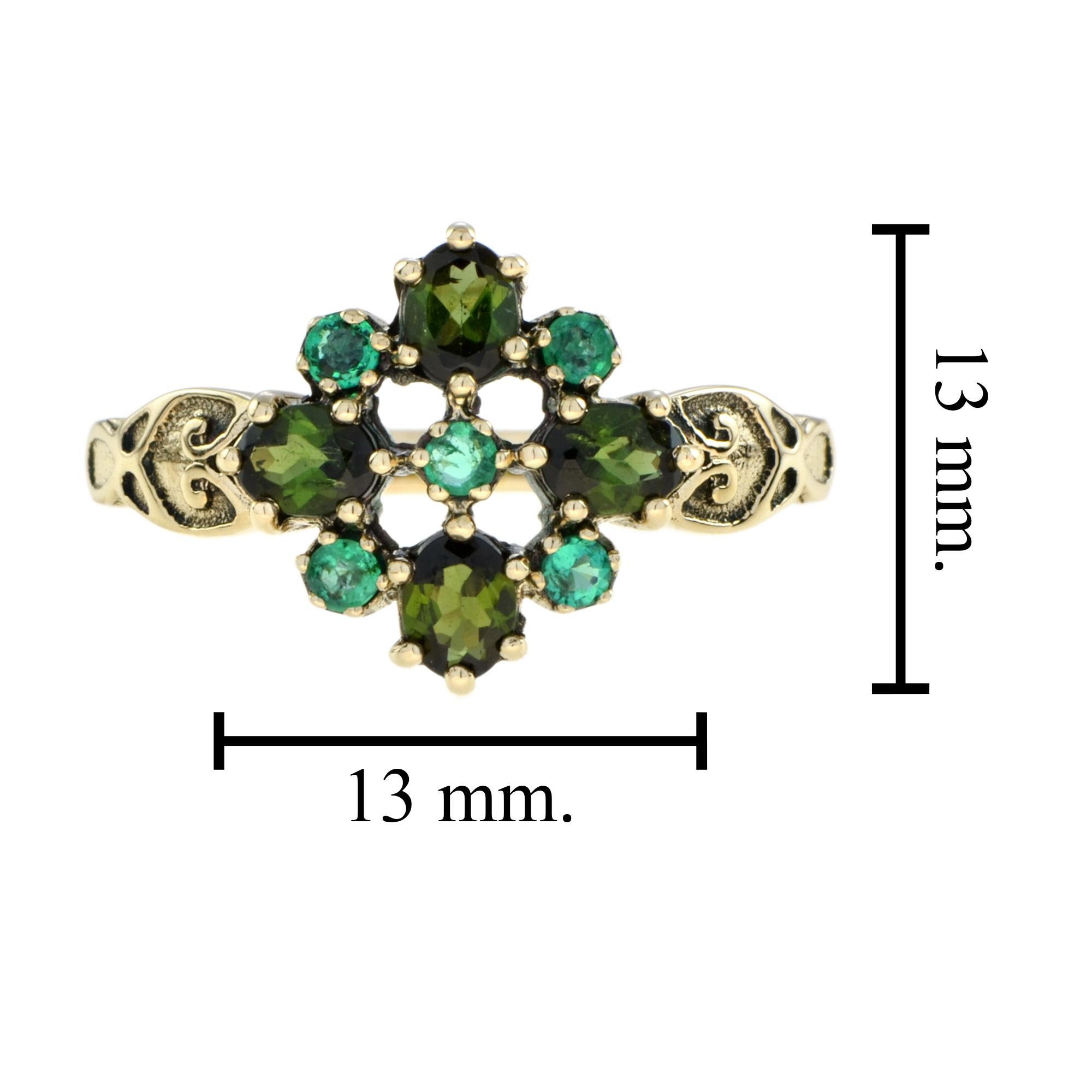 Vintage Style Green Tourmaline and Emerald Cluster Ring in 9K Yellow Gold For Sale 2