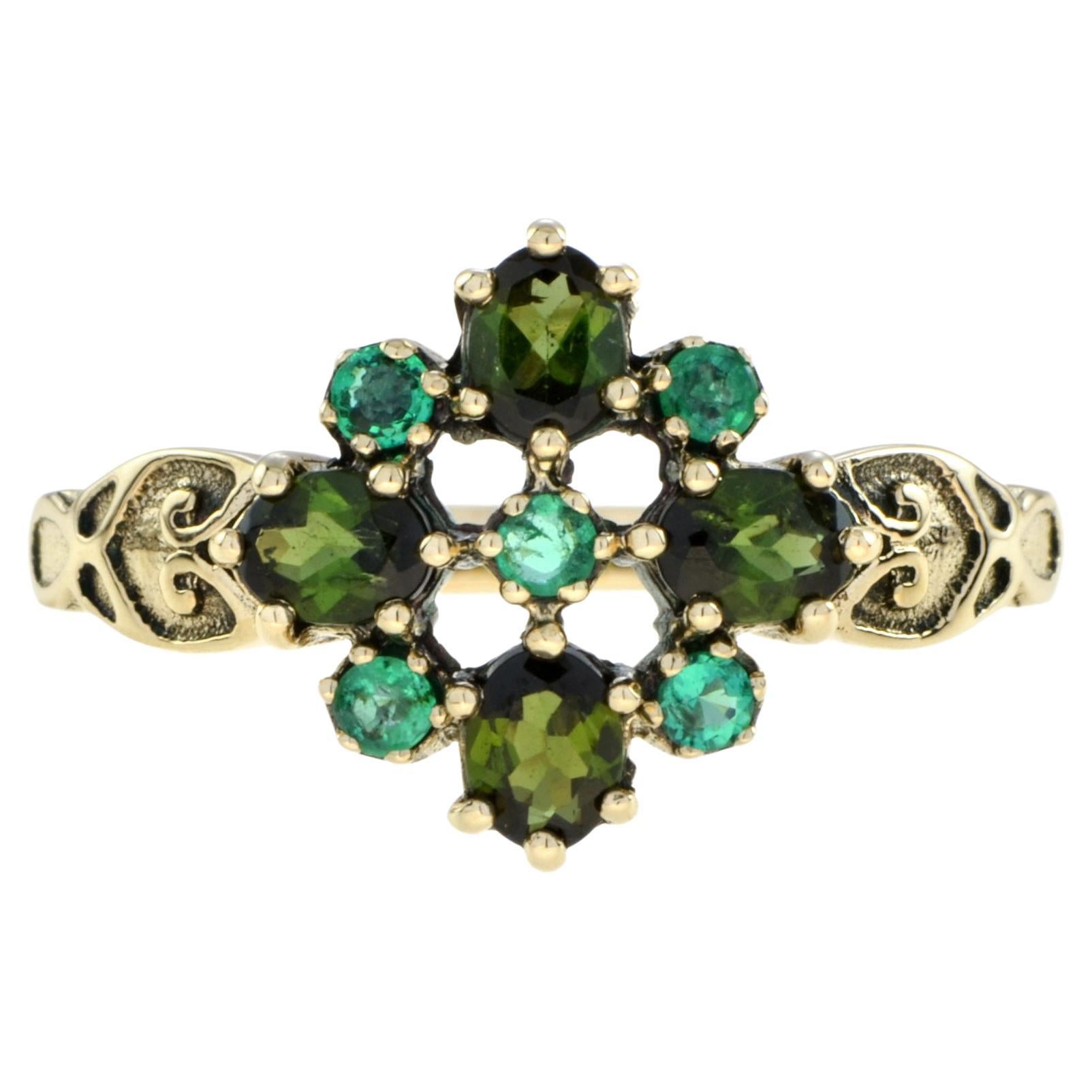 Vintage Style Green Tourmaline and Emerald Cluster Ring in 9K Yellow Gold For Sale