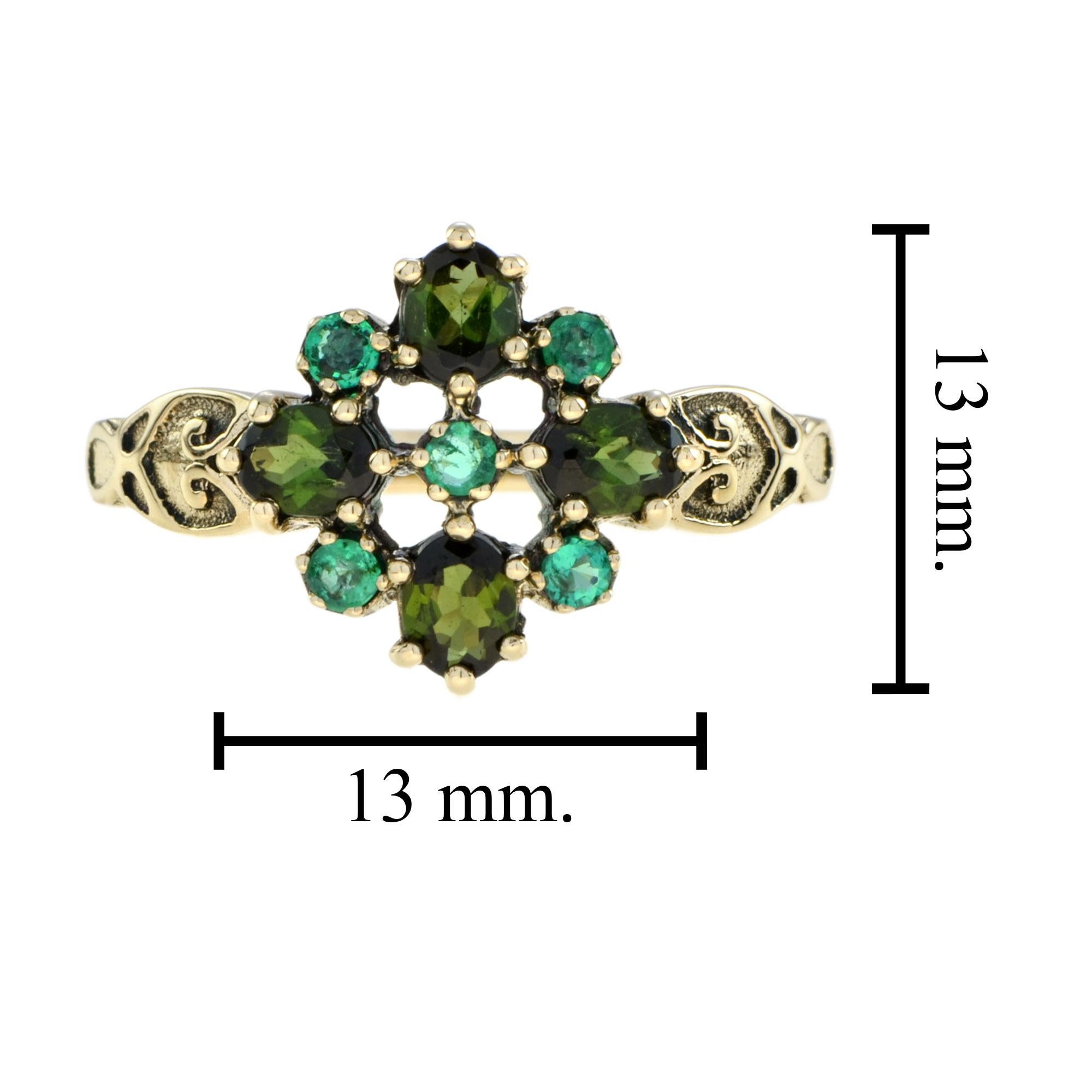 Vintage Style Green Tourmaline & Emerald Cluster 9K Yellow Gold Ring en venta 1