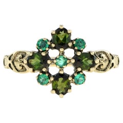 Vintage Style Green Tourmaline & Emerald Cluster 9K Yellow Gold Ring