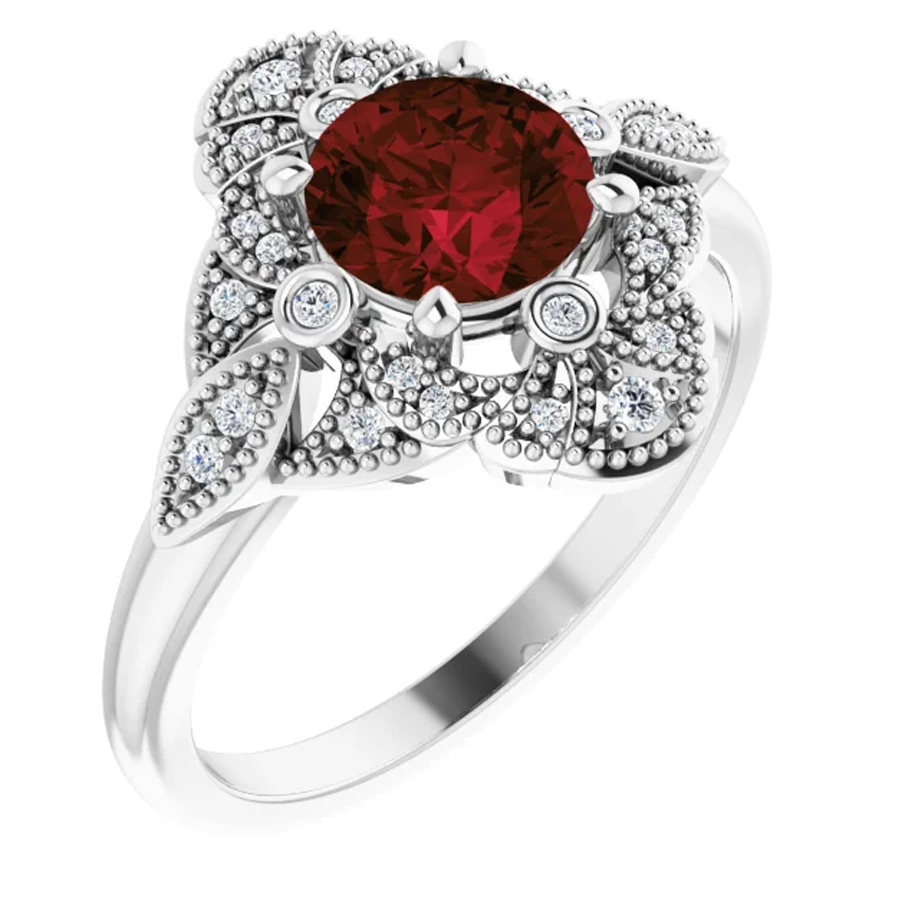 Vintage Style Halo Garnet January Birthstone Wedding Ring Set 18k White Gold For Sale 2