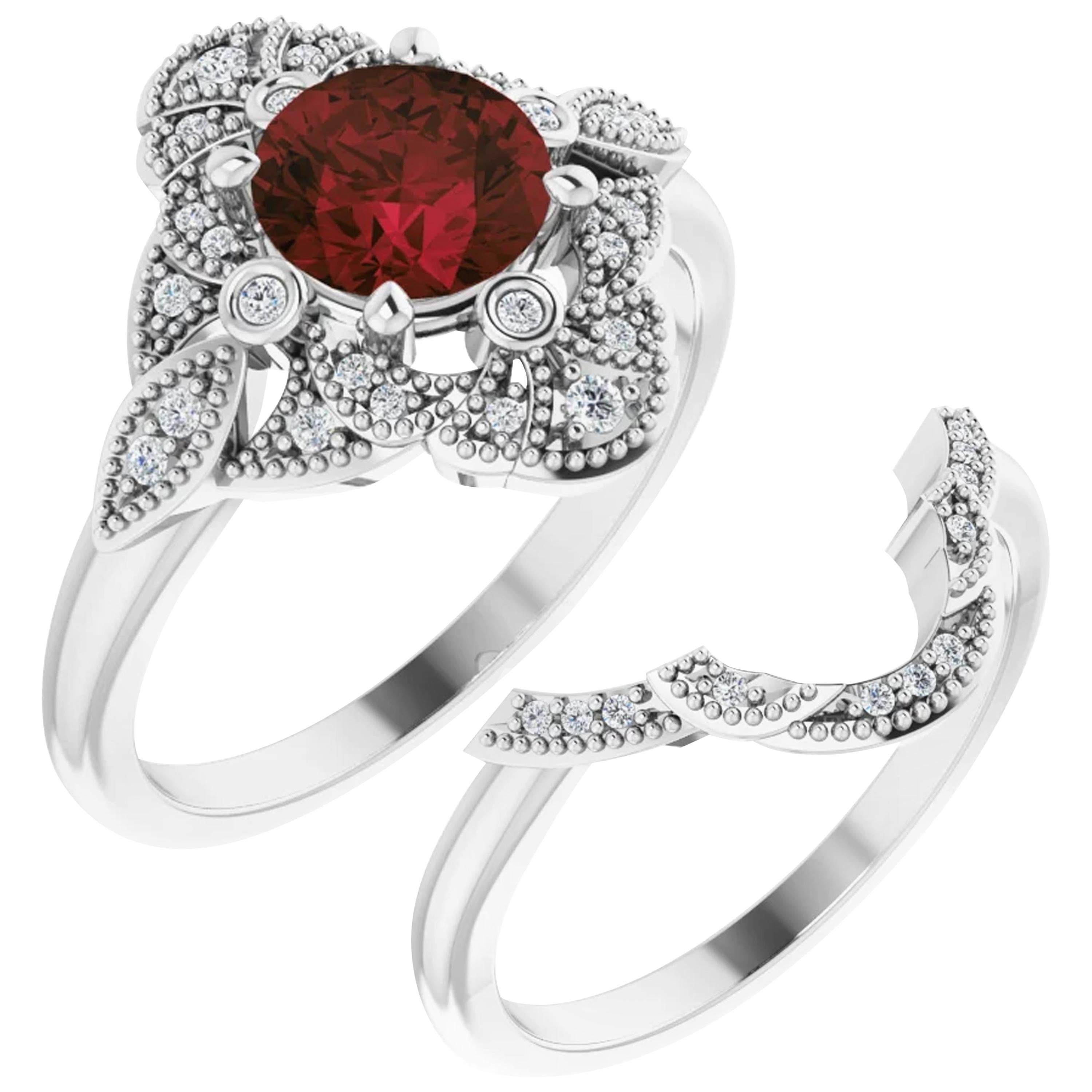 Vintage Style Halo Garnet January Birthstone Wedding Ring Set 18k White Gold For Sale