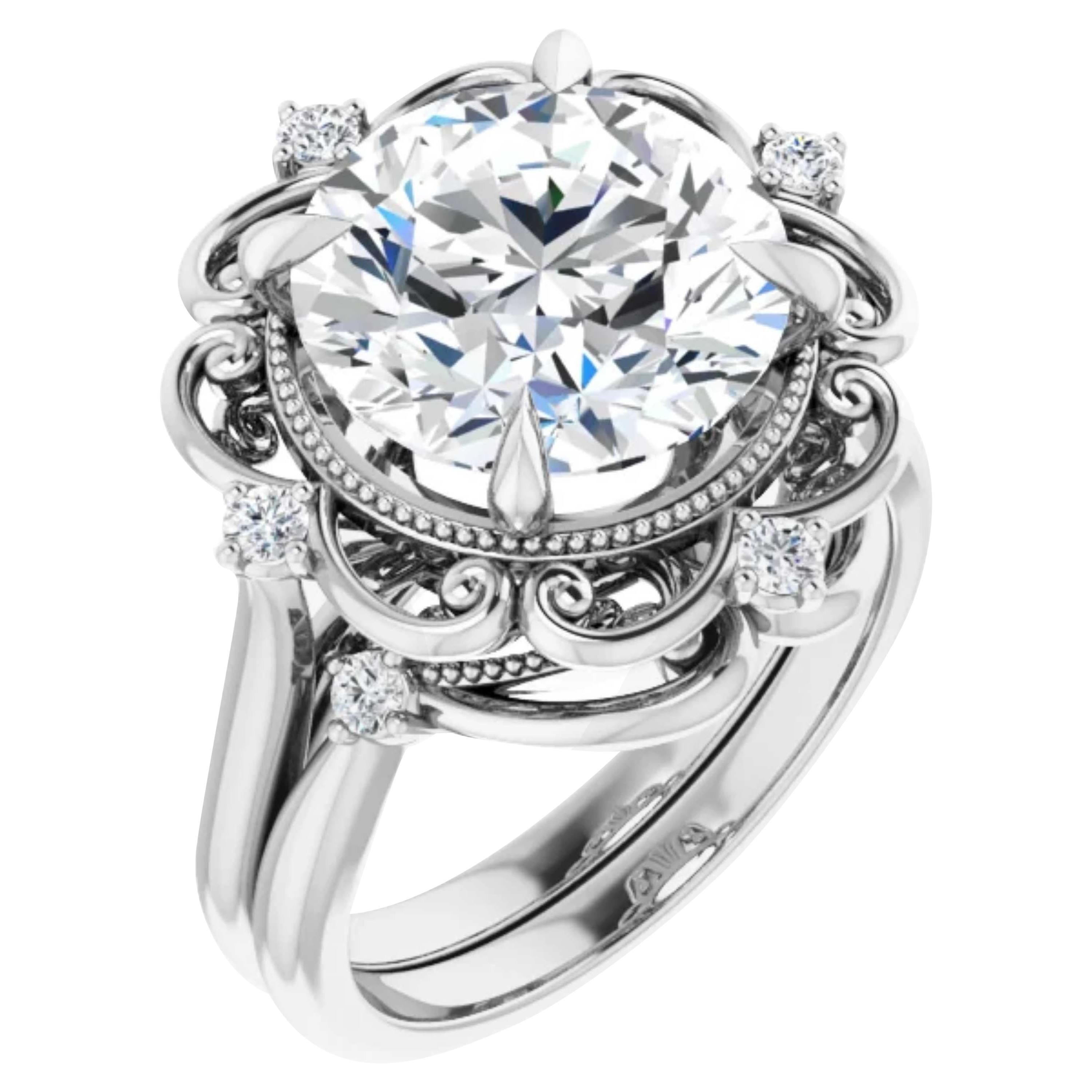 Vintage Style Halo GIA Diamond Round Engagement Wedding Ring Set 18k White Gold For Sale