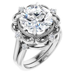 Vintage Style Halo GIA Diamond Round Engagement Wedding Ring Set 18k White Gold