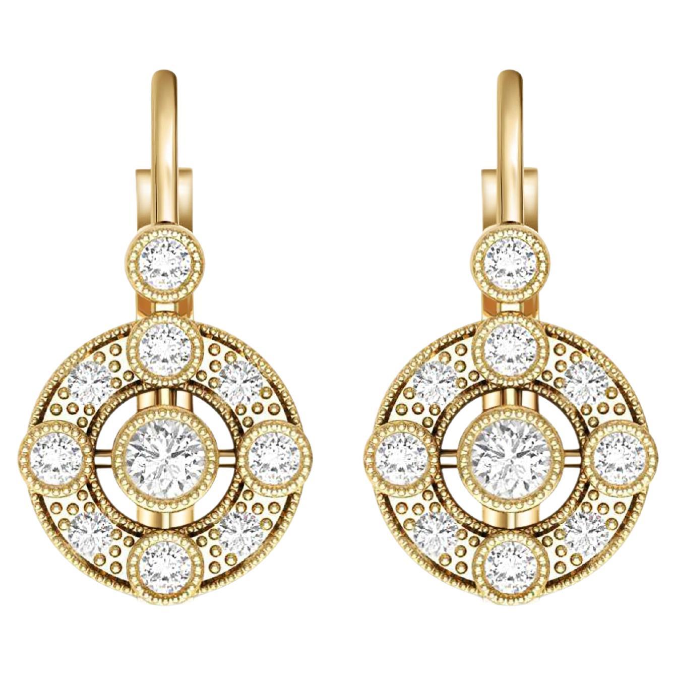 Vintage Style halo moissanite 14 gold earrings. For Sale