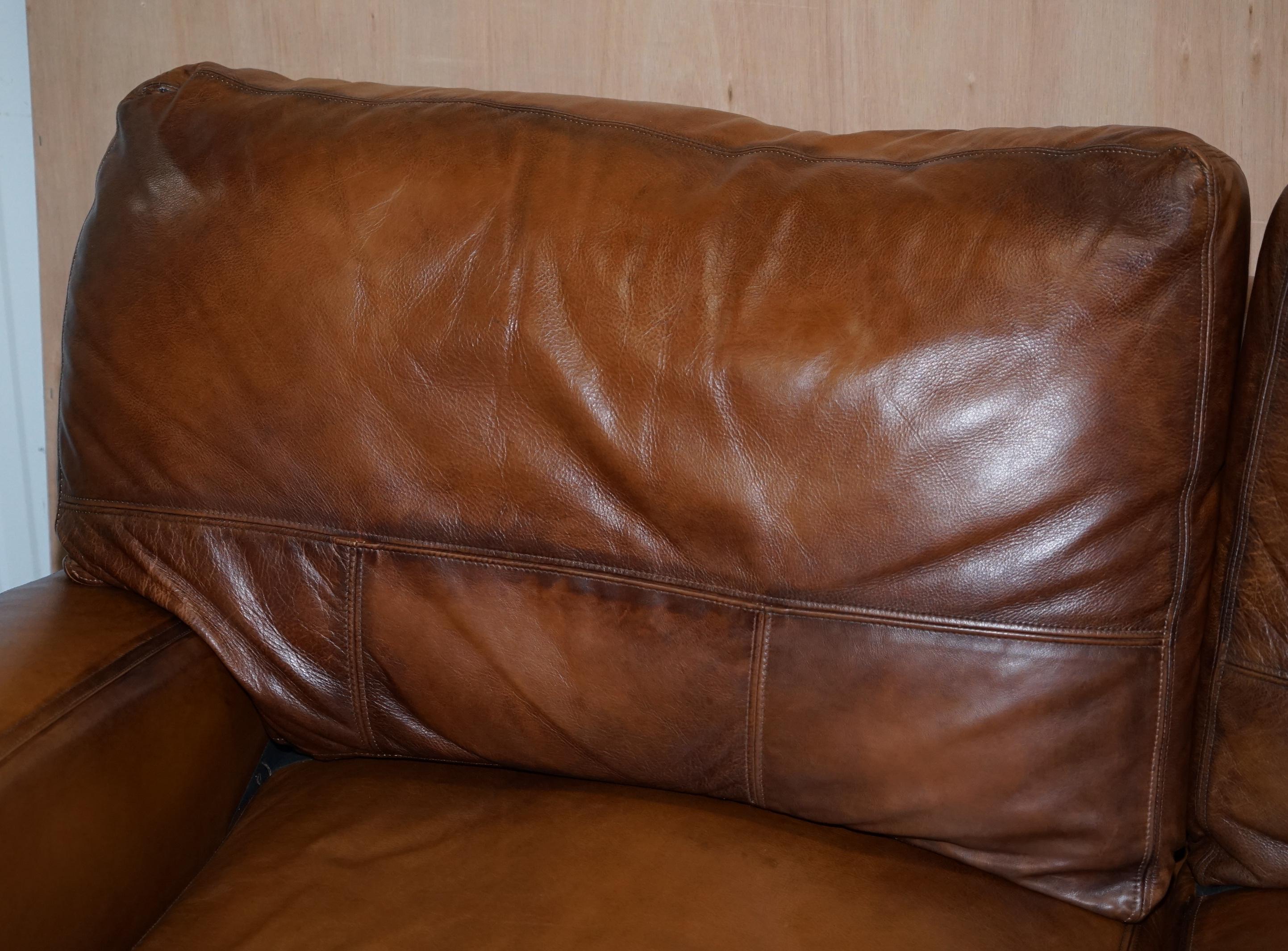 Modern Vintage Style Hand Dyed Cigar Brown Leather Sofa Lovely Style and Design For Sale