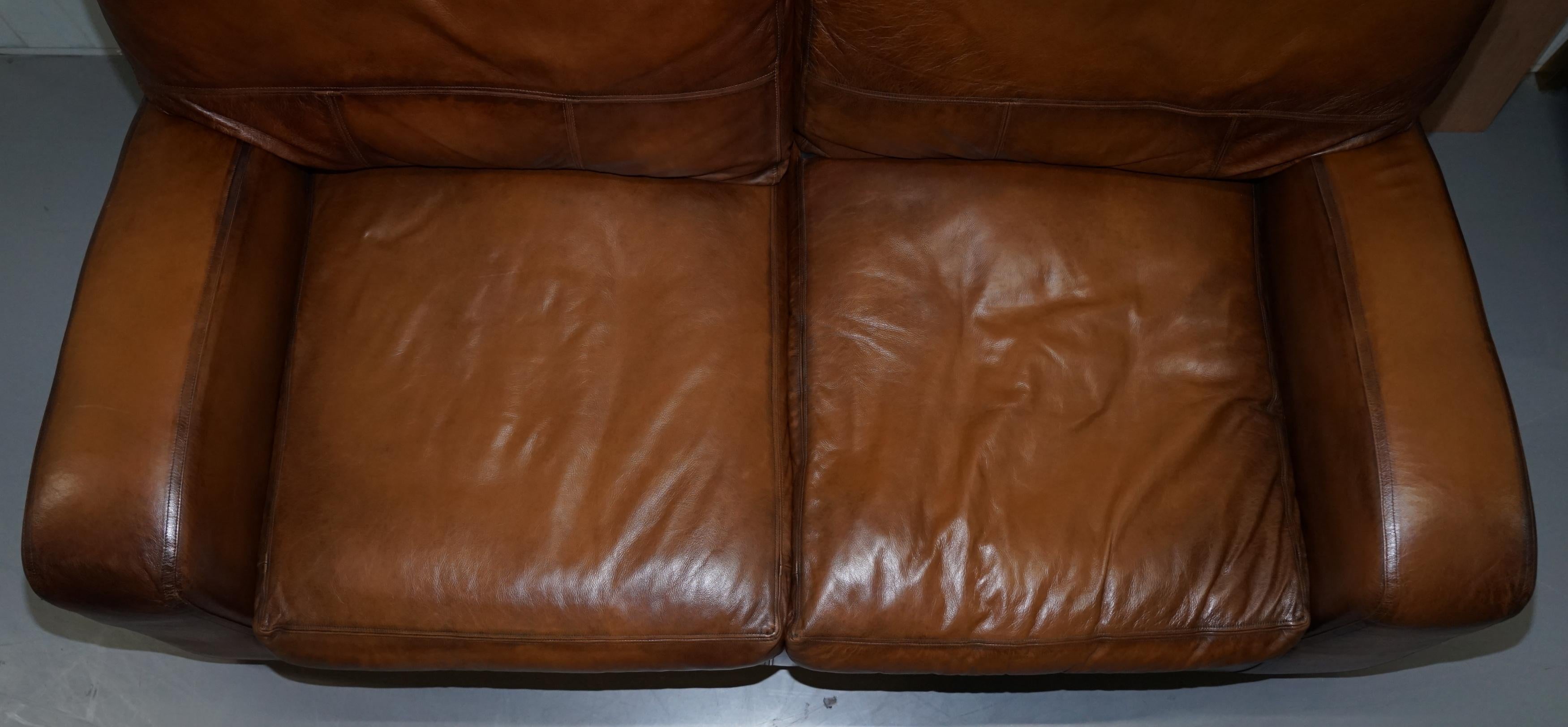 Hand-Crafted Vintage Style Hand Dyed Cigar Brown Leather Sofa Lovely Style and Design For Sale