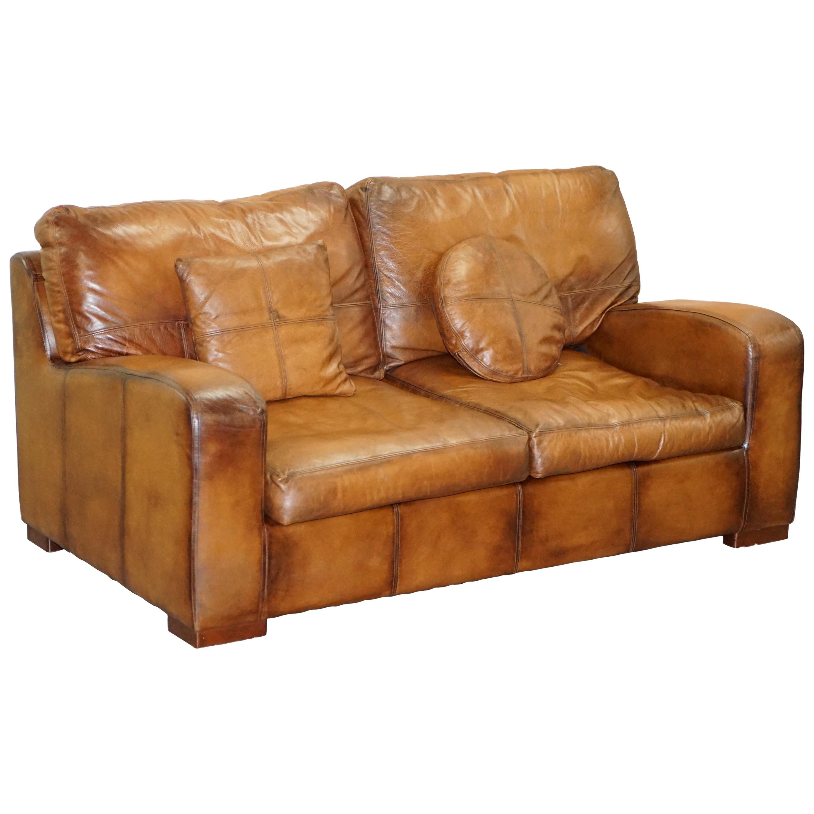 Vintage Style Hand Dyed Cigar Brown Leather Sofa Lovely Style and Design For Sale