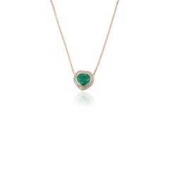 Vintage Style Heart-Cut Natural Emerald Diamond Halo Necklace in 14K Yellow Gold