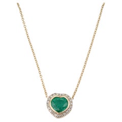 Vintage Style Heart-Cut Natural Emerald Diamond Halo Necklace in 14K Yellow Gold