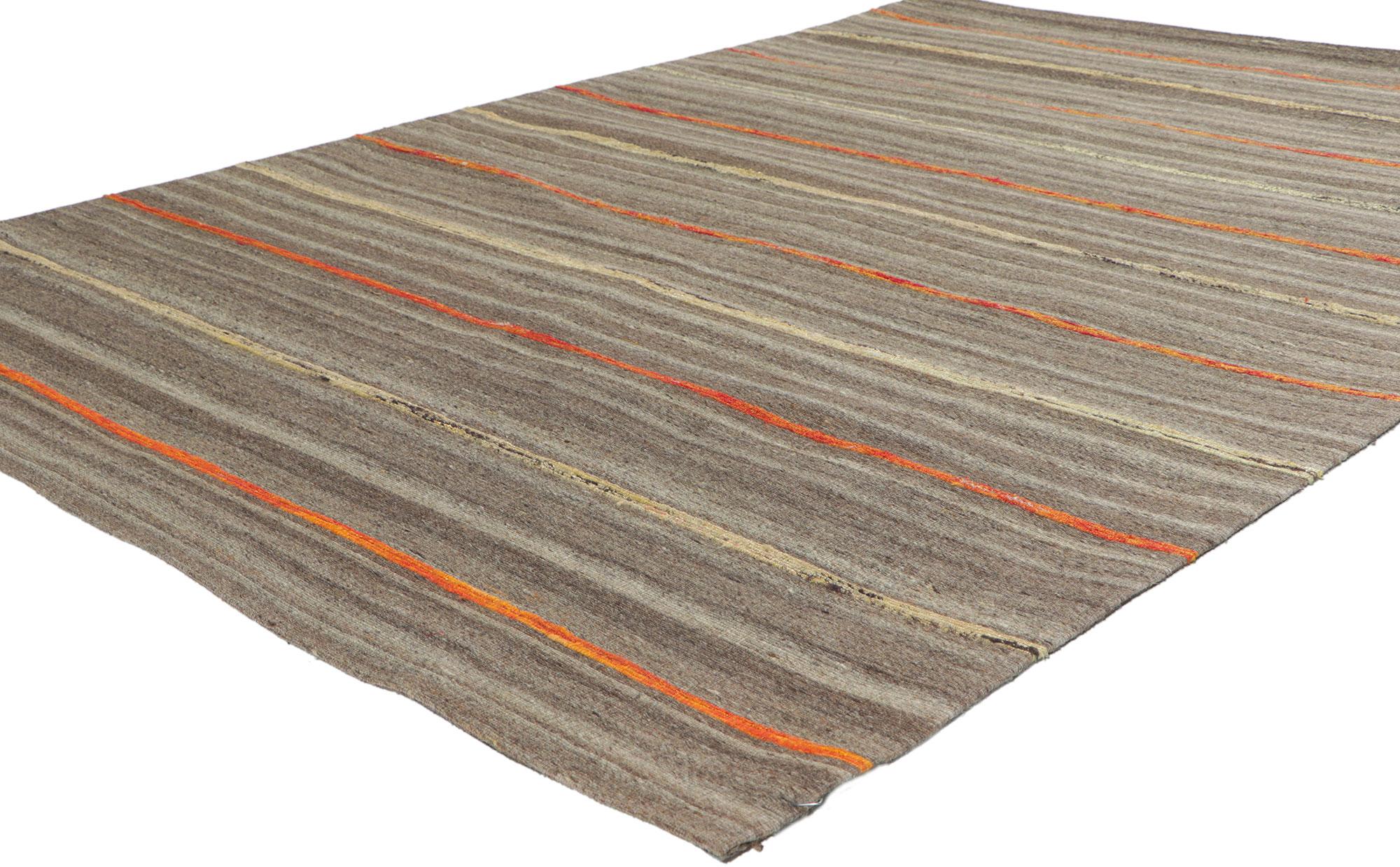 30090 Indian Striped Kilim Rug with Vintage Style 04'08 x 06'08.
With its subtle graphic appeal, incredible detail and texture, this vintage style Indian rug is a captivating vision of woven beauty. The striated pattern and modern colorway woven