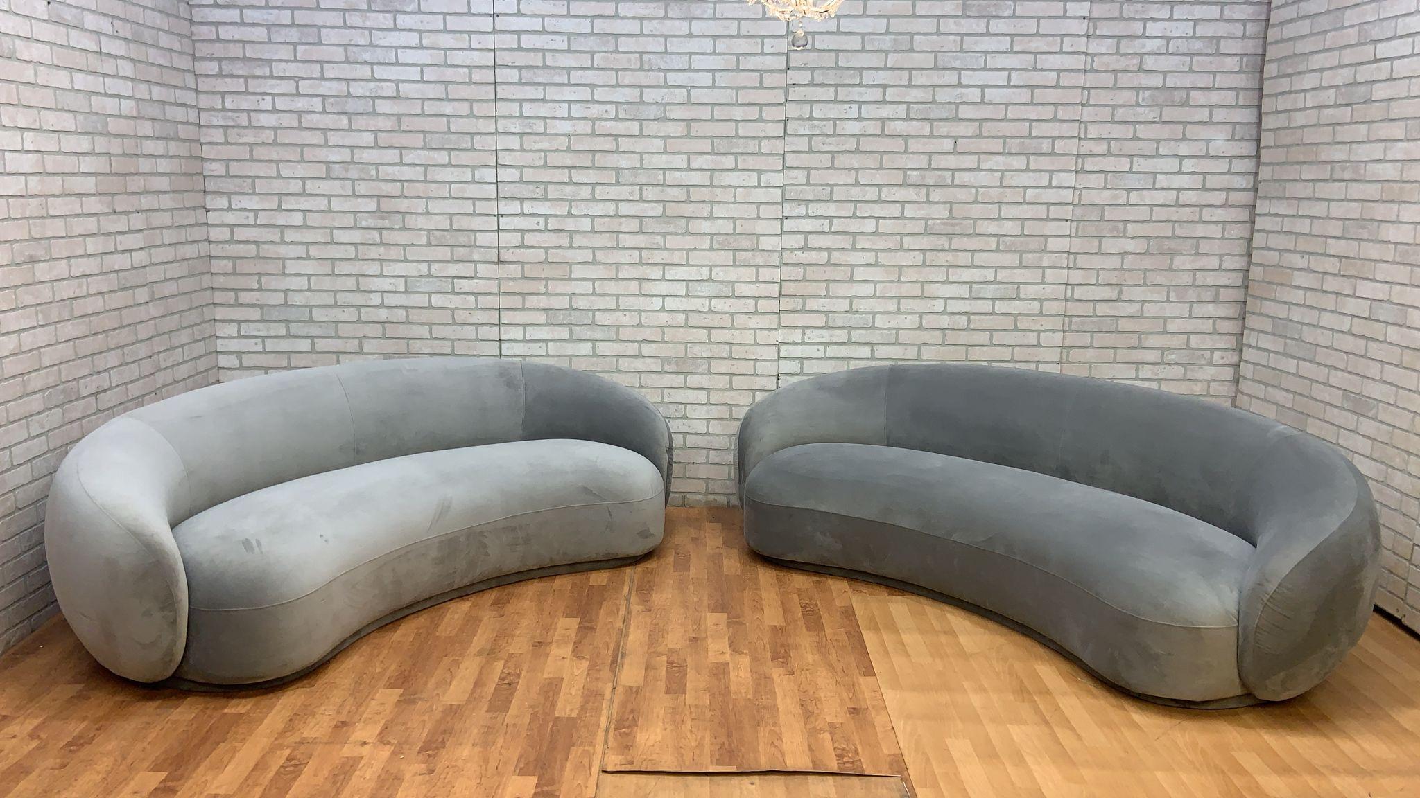 Vintage Style Julep Curved Sofas in Grey Performance Velvet - Set of 2

Gorgeous Designed Vintage Style Set of Oversized Curved Arm Serpentine Front Asymmetrical Julep Sofas. These Chic and Stylish Sofas are Being Offered in their original condition