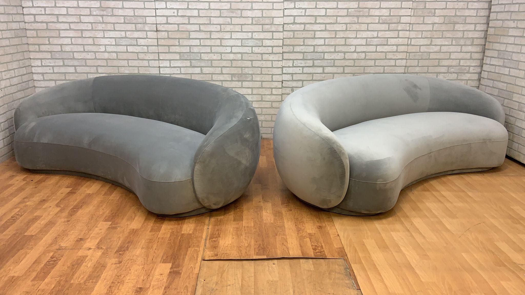 Vintage Style Julep Curved Sofas in Grey Performance Velvet - Set of 2 In Good Condition In Chicago, IL