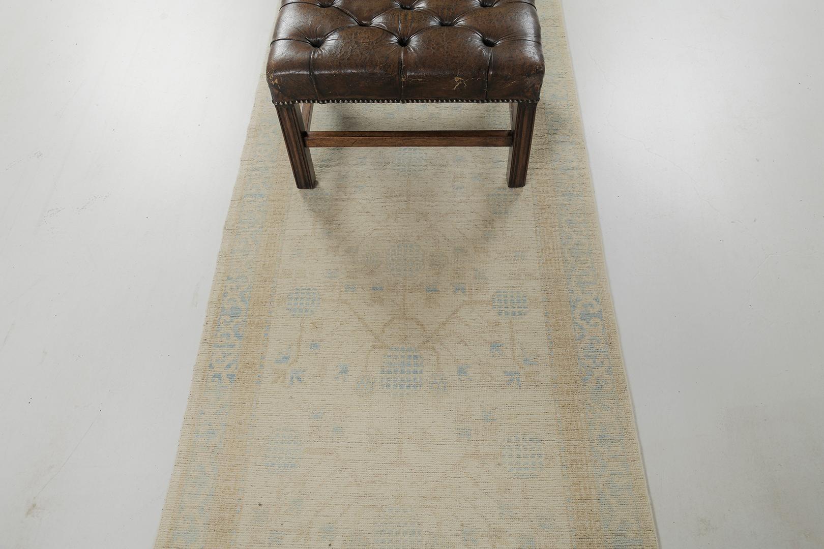An outstanding pile-woven wool vintage style Khotan design from our Muted Re-Creations collection has come and flexed its versatility. Patterned-positioned pomegranates and ornaments in blue tones dominate the entire pattern of the runner. Stunning