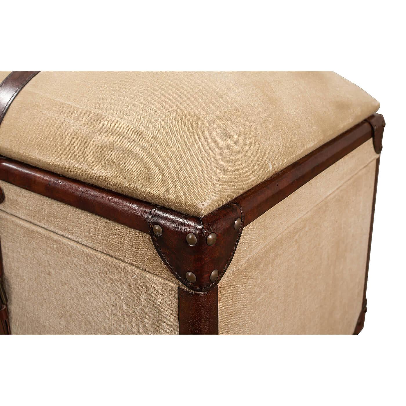 Campaign Vintage-Style Leather and Canvas Trunk Bench