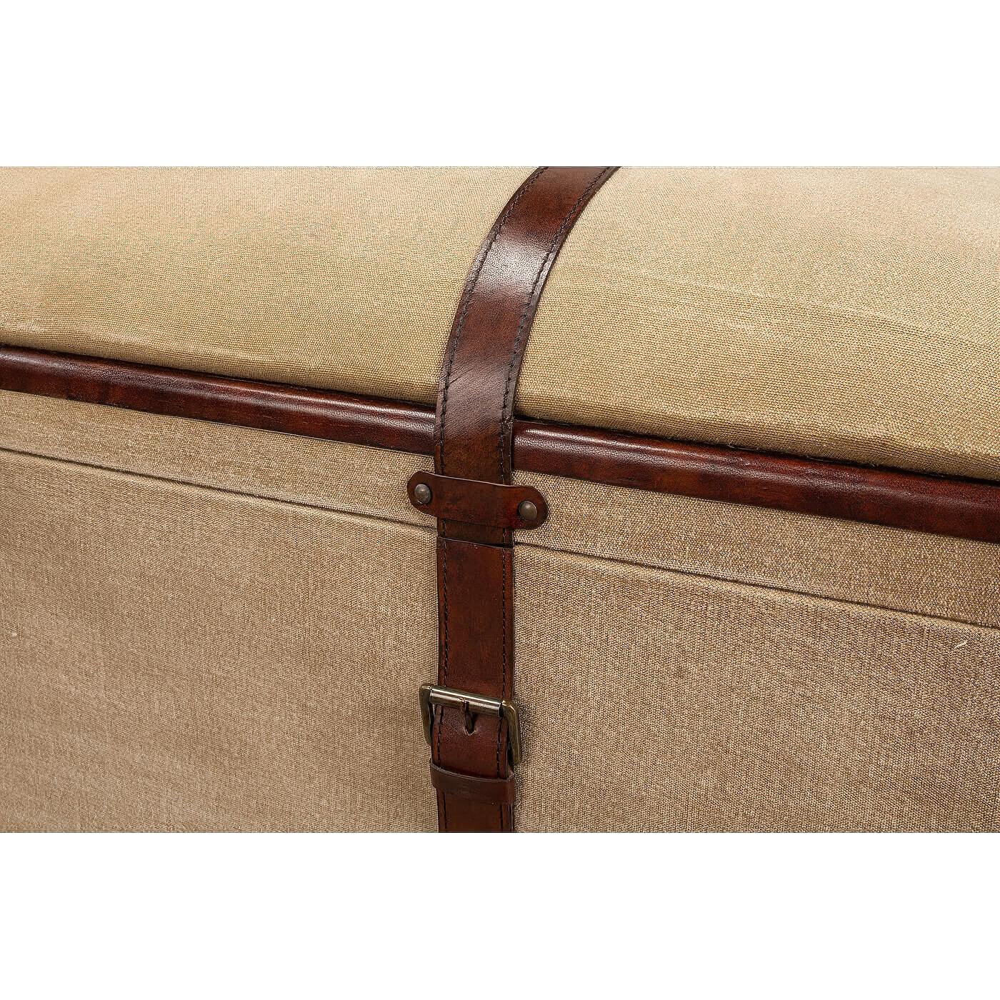 European Vintage-Style Leather and Canvas Trunk Bench