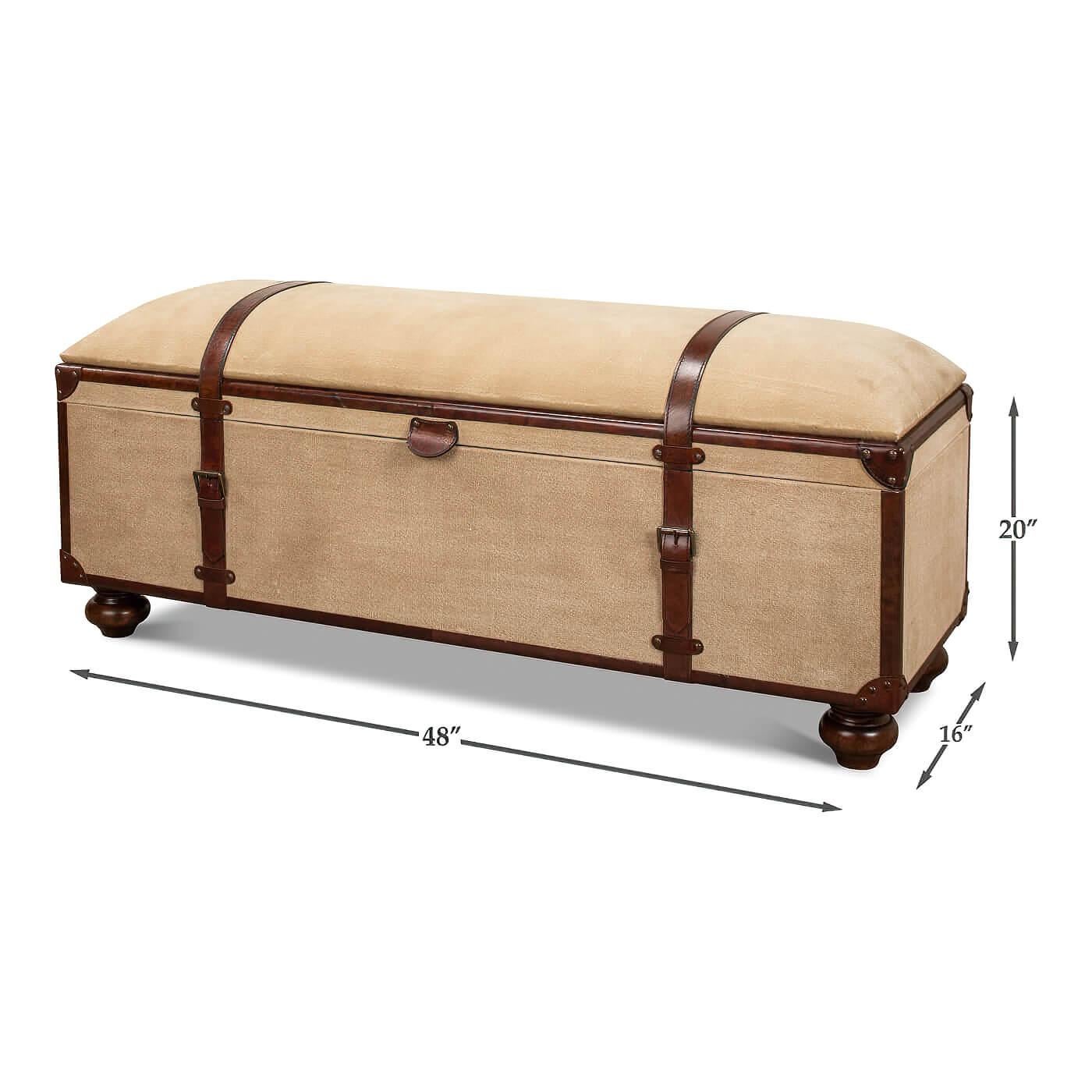 Contemporary Vintage-Style Leather and Canvas Trunk Bench