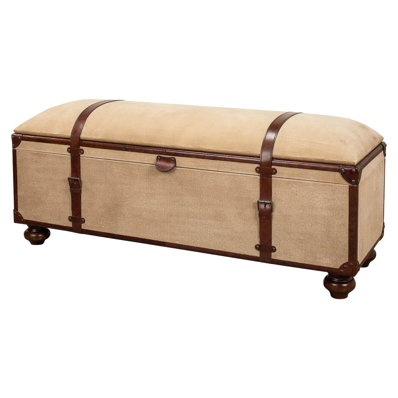 Vintage-Style Leather and Canvas Trunk Bench