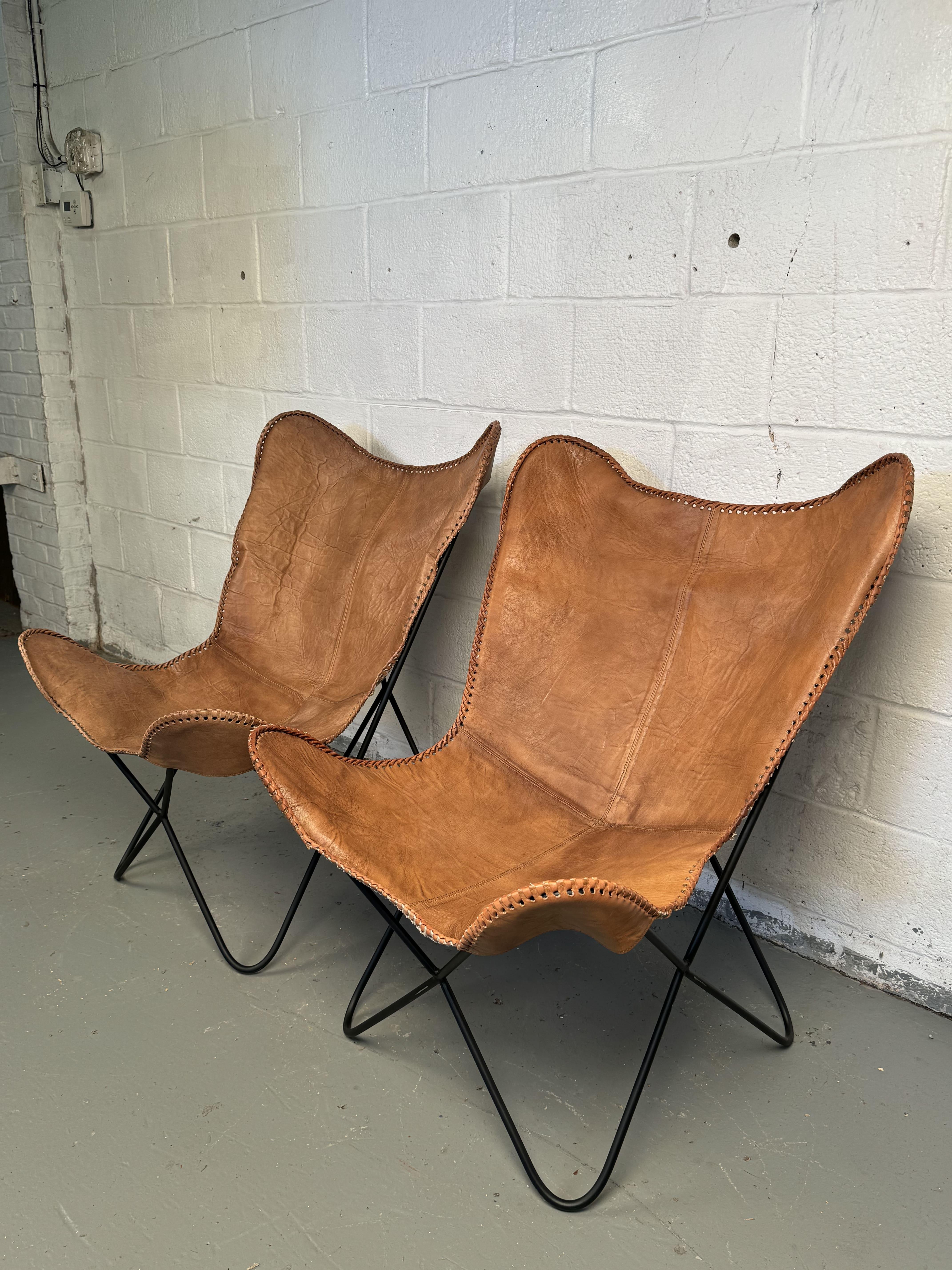 Vintage Style Leather Butterfly Chairs For Sale 2