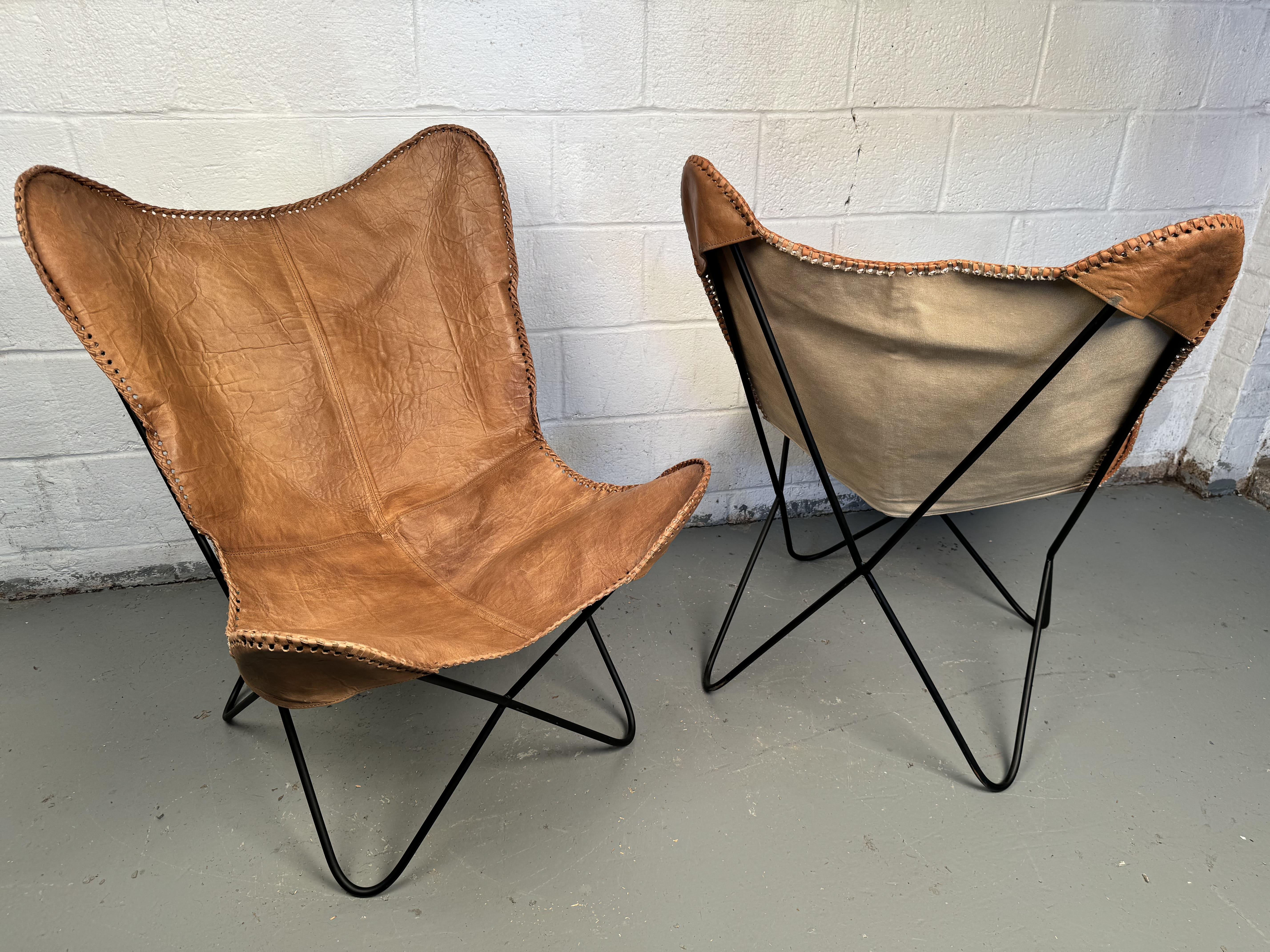 Vintage Style Leather Butterfly Chairs For Sale 3