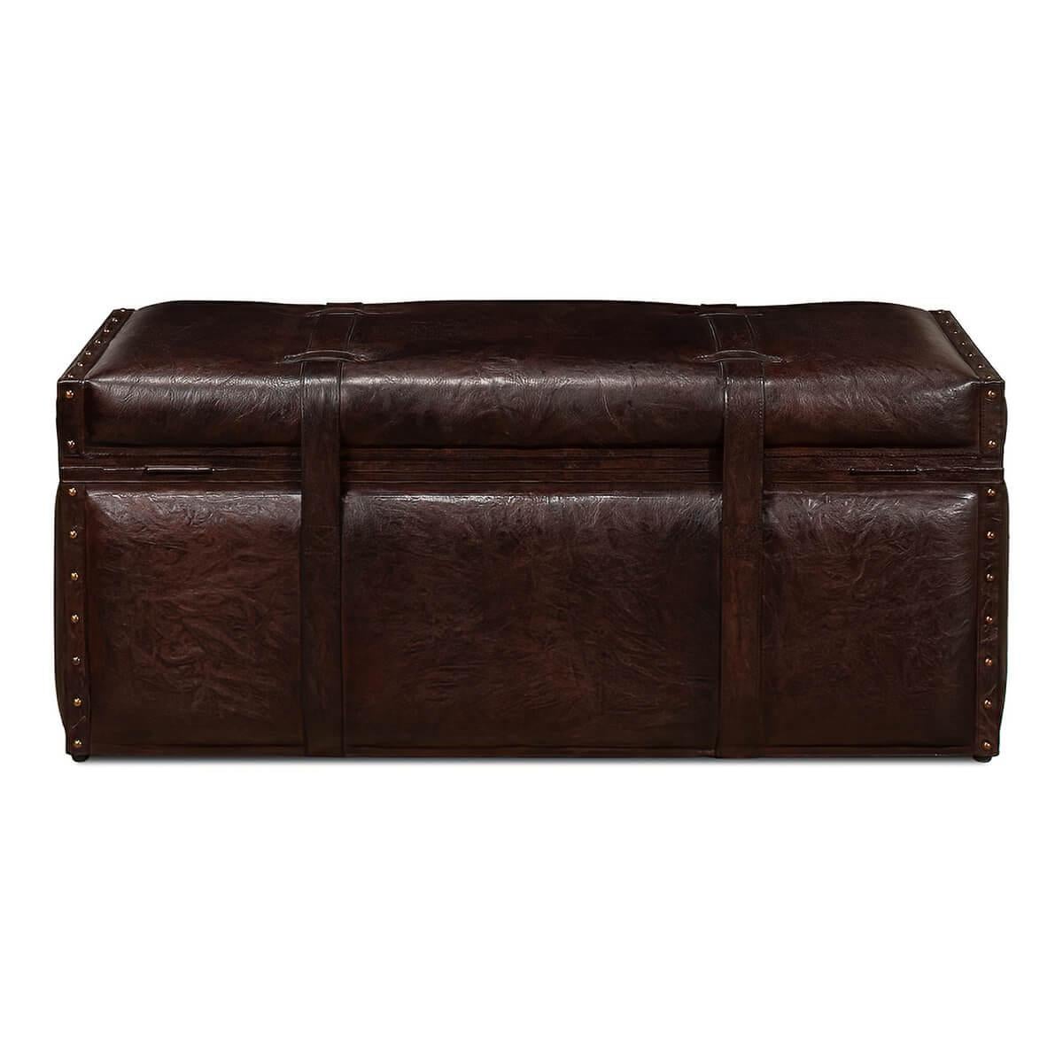 Asian Vintage-Style Leather Trunk Bench
