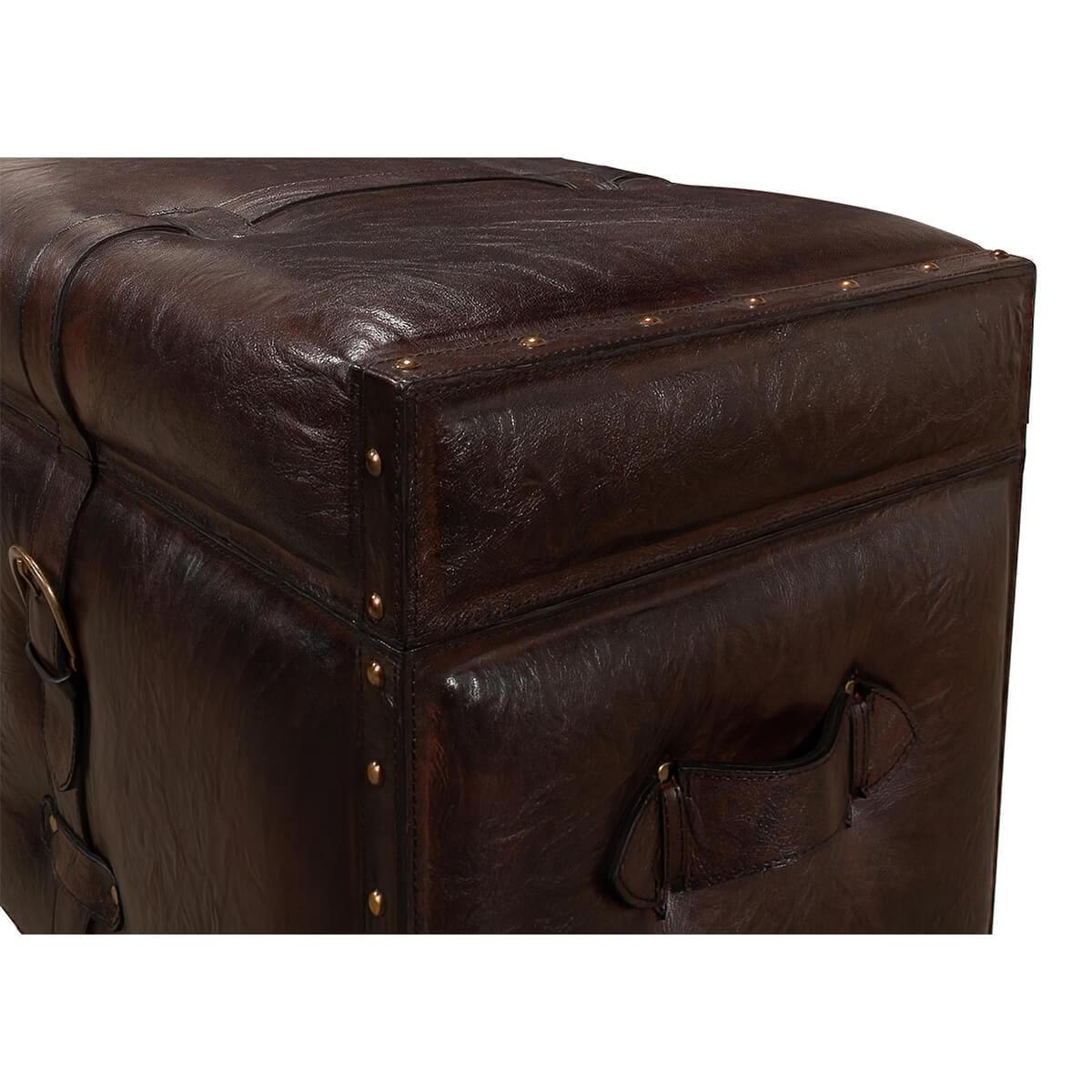 Contemporary Vintage-Style Leather Trunk Bench