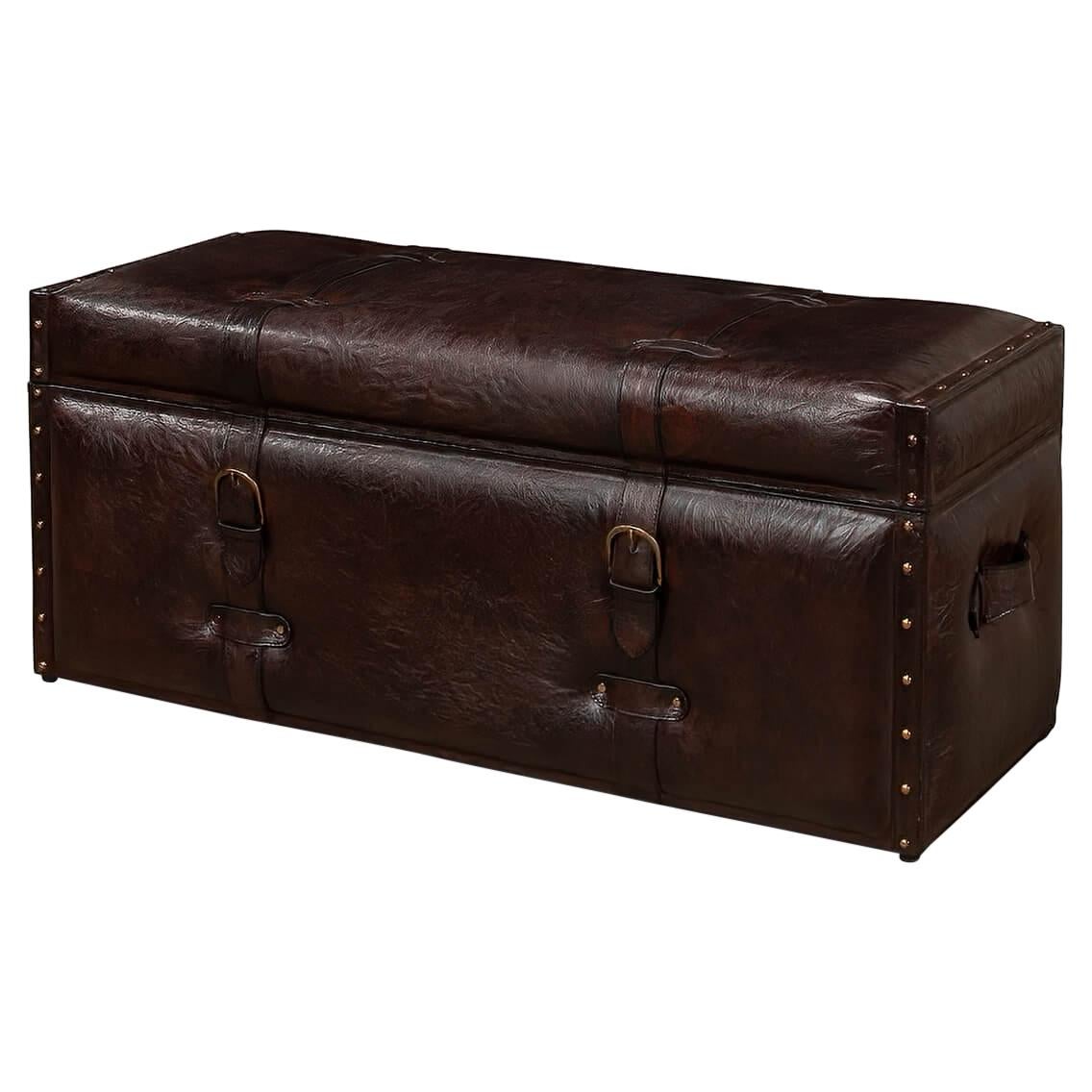 Vintage-Style Leather Trunk Bench