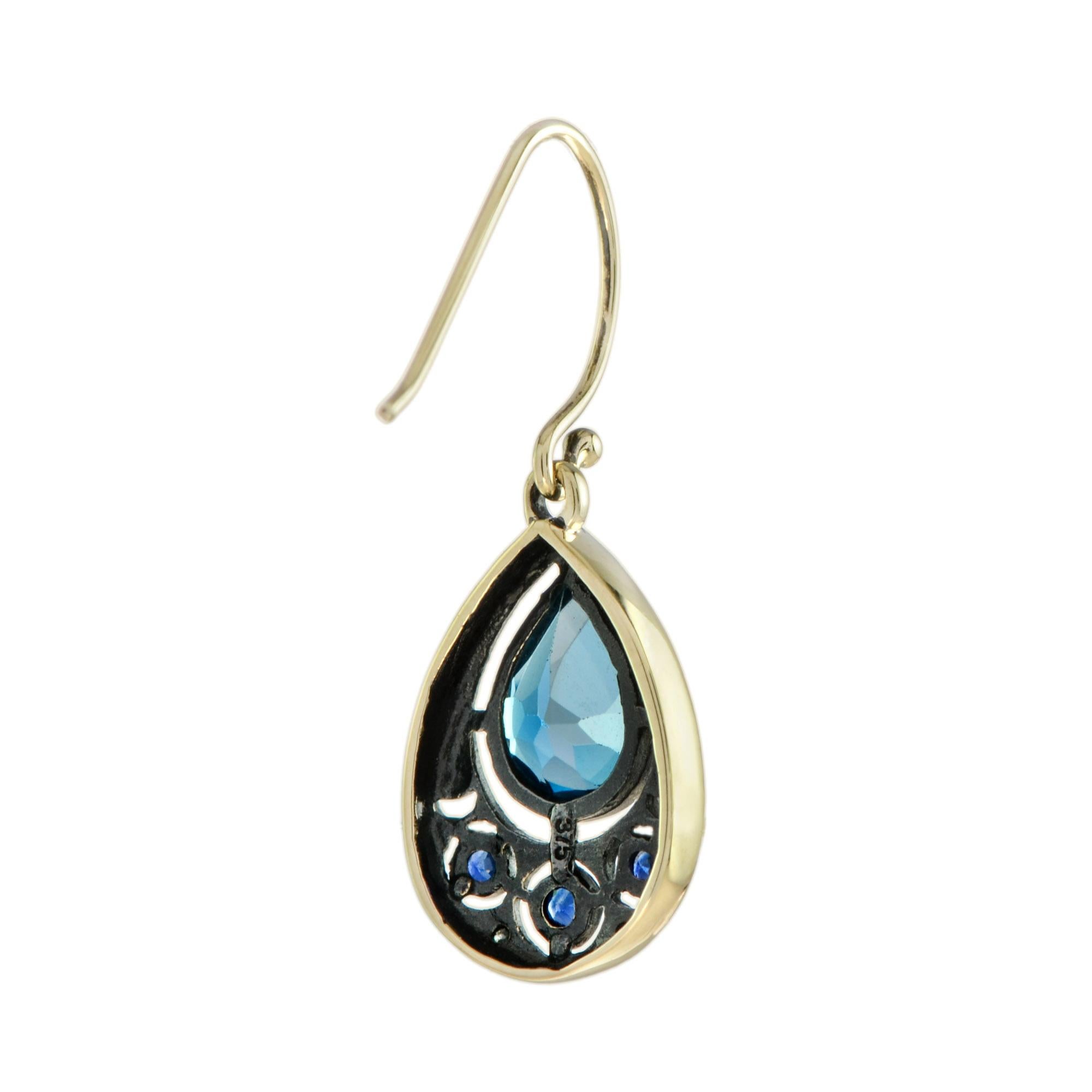 Vintage Style London Blue Topaz Blue Sapphire Diamond 9K Gold Dangle Earrings Corte pera en venta