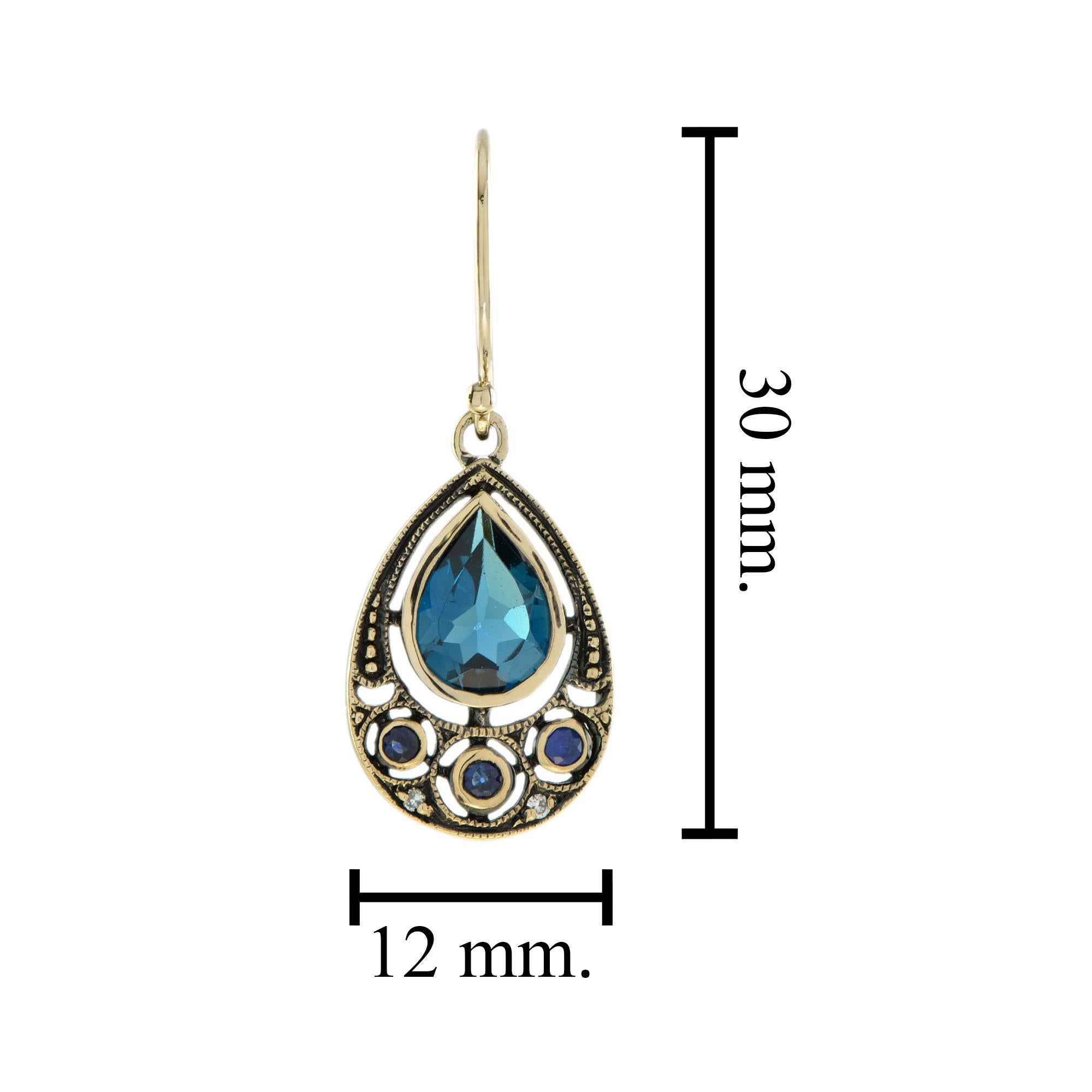 De las mujeres Vintage Style London Blue Topaz Blue Sapphire Diamond 9K Gold Dangle Earrings en venta