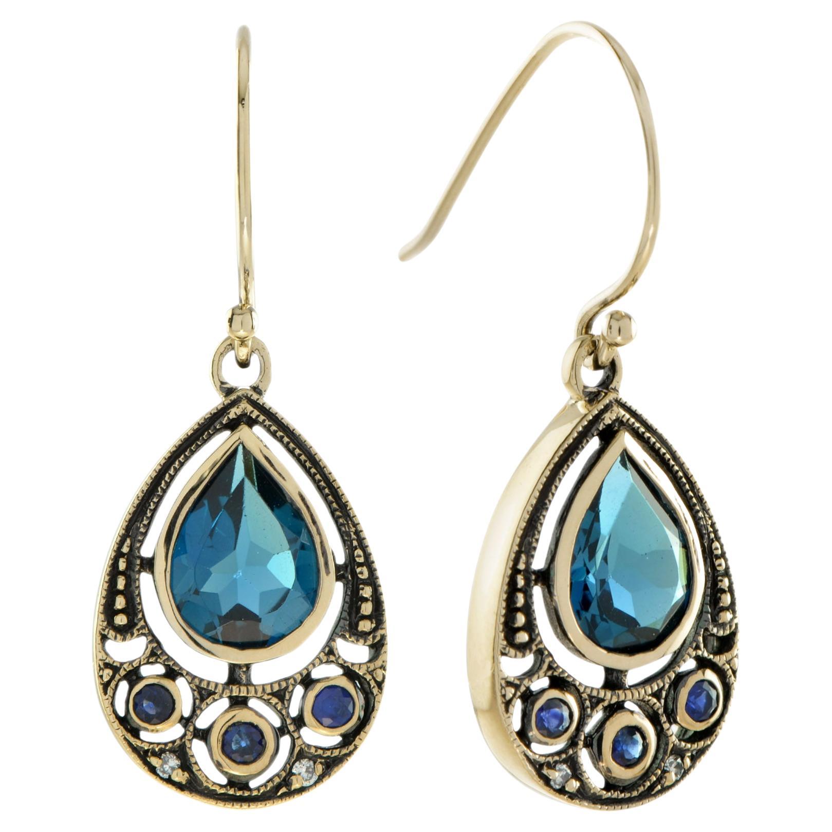 Vintage Style London Blue Topaz Blue Sapphire Diamond 9K Gold Dangle Earrings