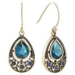 Vintage Style London Blue Topaz Blue Sapphire Diamond 9K Gold Dangle Earrings
