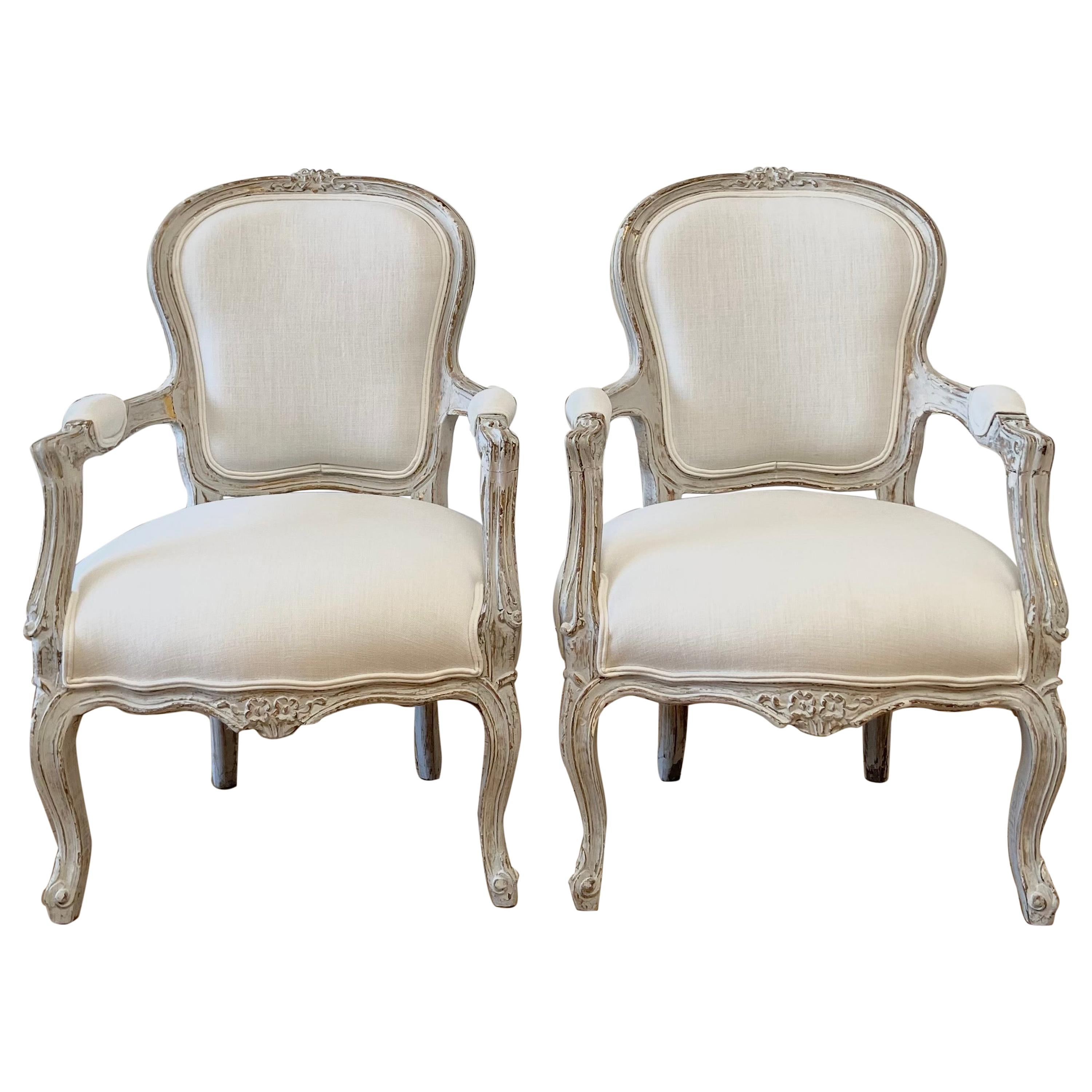 Vintage Style Louis XV Painted Arm Chairs in White Linen