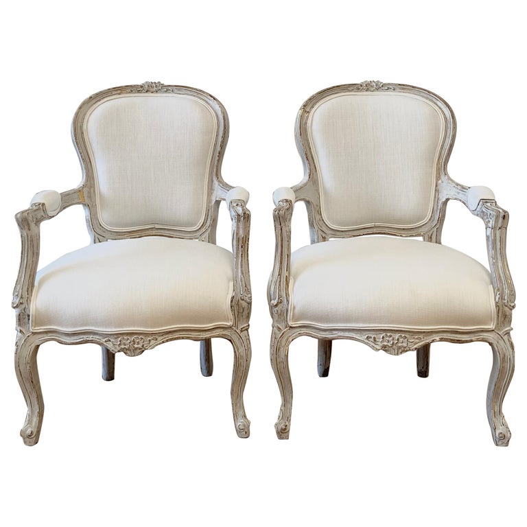 Vintage Style Louis XV Painted Arm Chairs in White Linen at 1stDibs