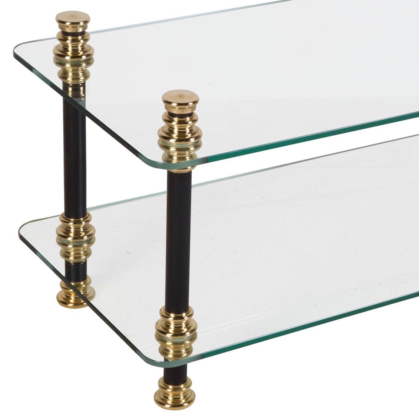 British Vintage Style Low Coffee Table, Solid Brass, Steel and Toughened Glass For Sale