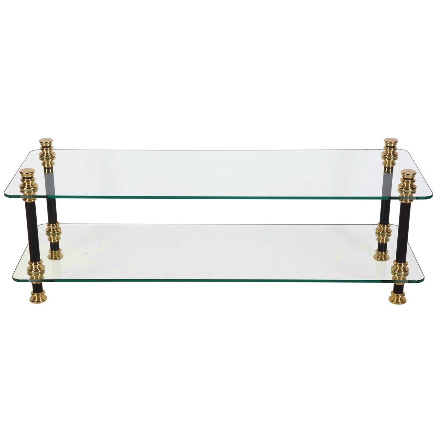 Vintage Style Low Coffee Table, Solid Brass, Steel and Toughened Glass For Sale