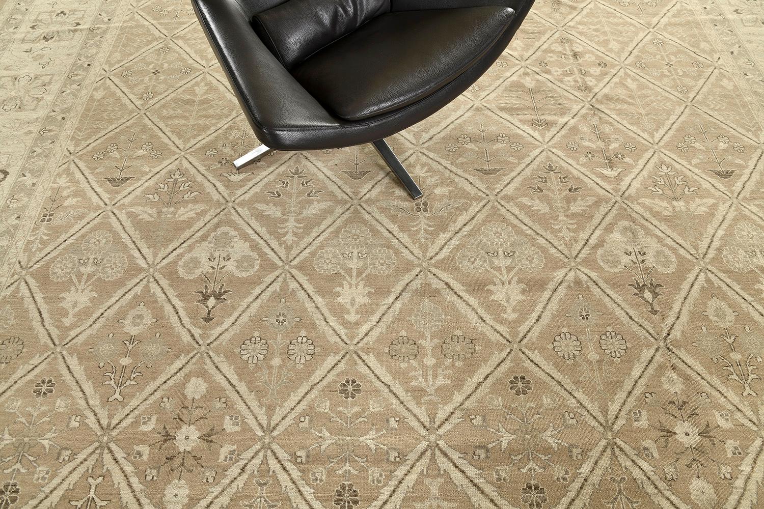 Highly stylish yet attractively casual, this revival of Vintage Style Mahal Panel Design rug features an all-over raised pattern composed of alternating floral motifs in a panel design of botanical elements that clearly reminds every viewer of an