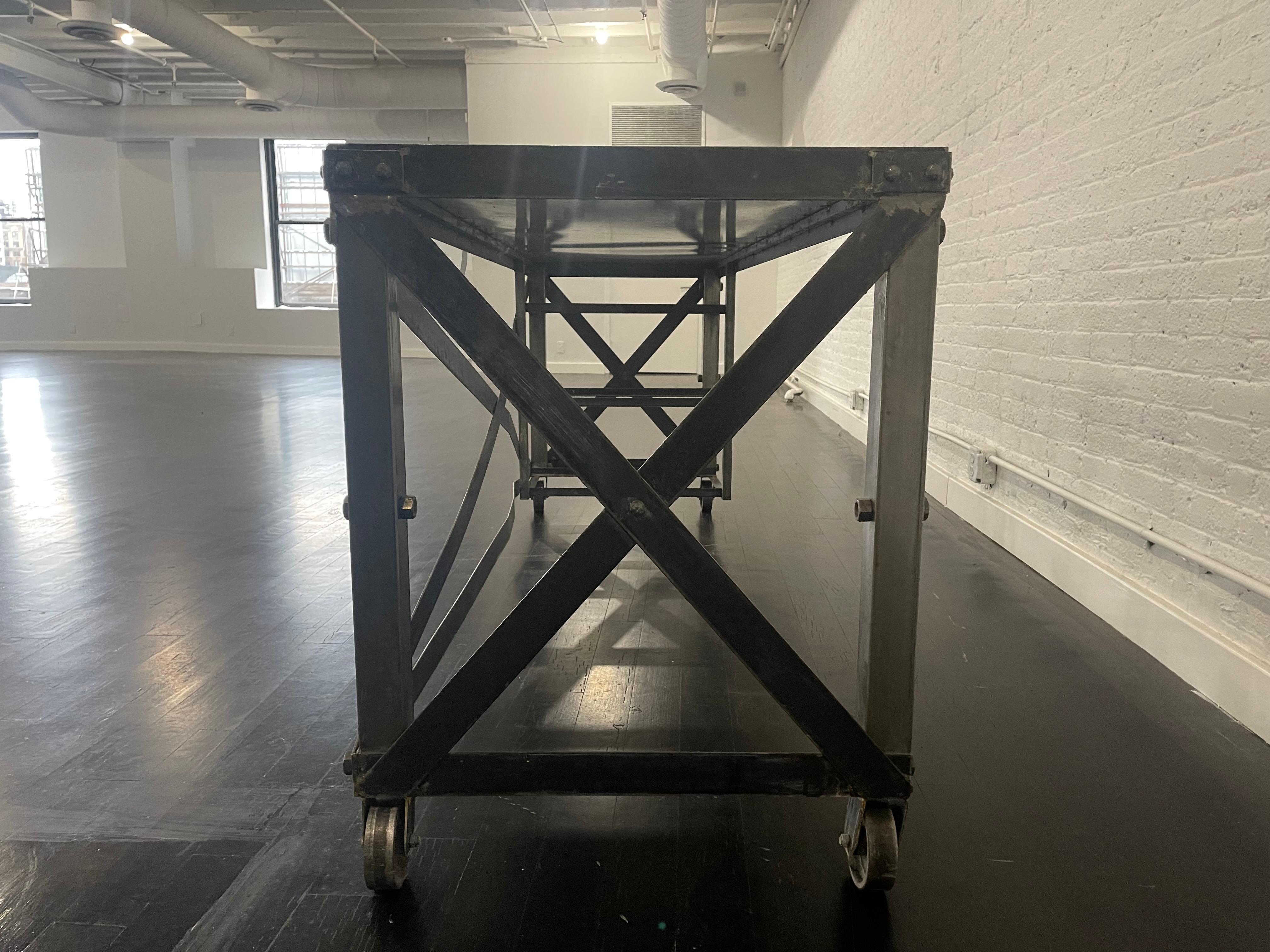Vintage Style Metal, Glass Industrial Table on Wheels, circa 2000 In New Condition For Sale In New York, NY
