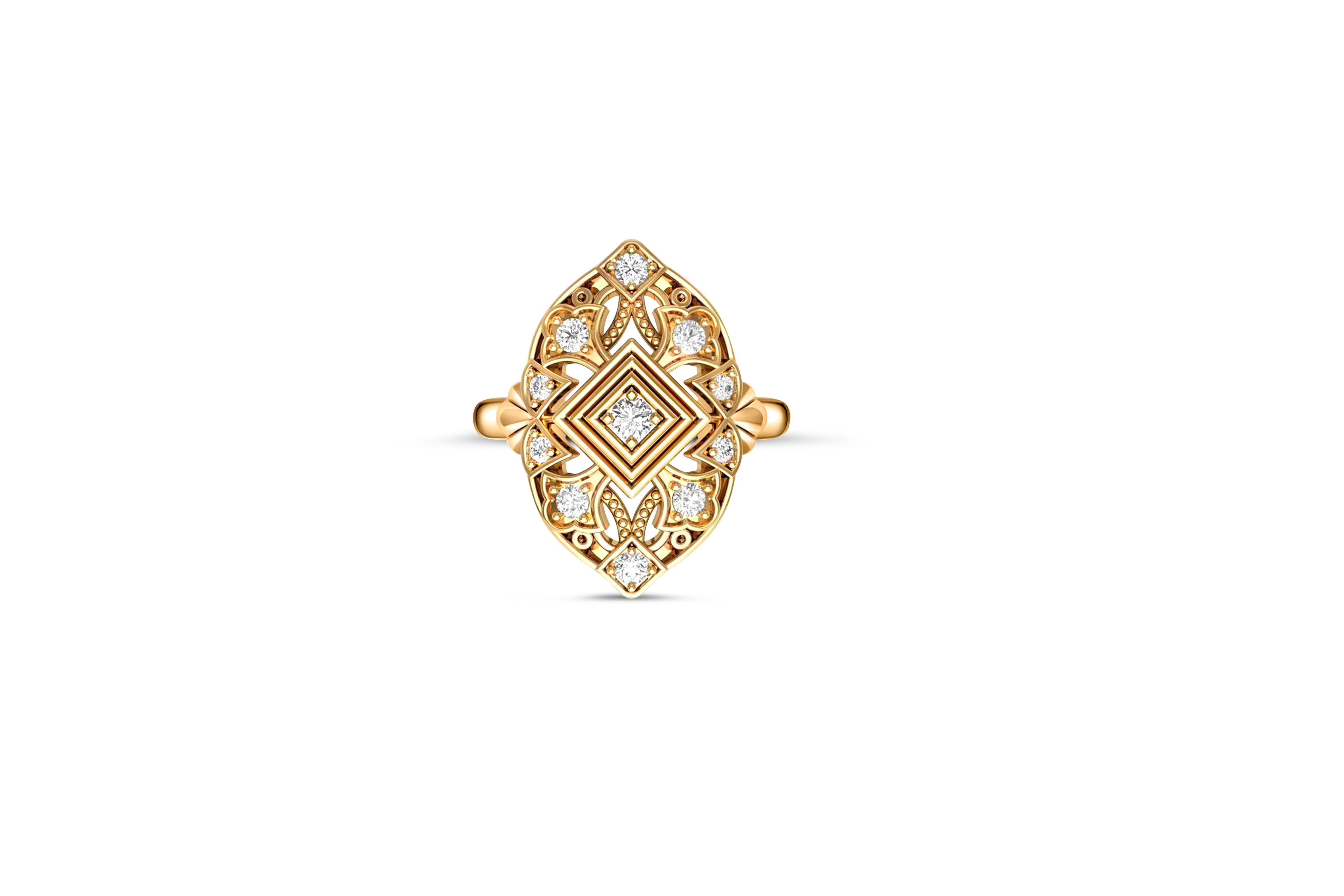 Vintage style moissanite 14k gold ring. Moissanite engagement ring. Diamond moissanite art-deco ring. Unique design moissanite wedding ring.
 
Metal: 14k gold
Weight: 2.5 depends from size
Ring face size: 15x12mm.

Gemstone:
Moissanites: 11 pieces