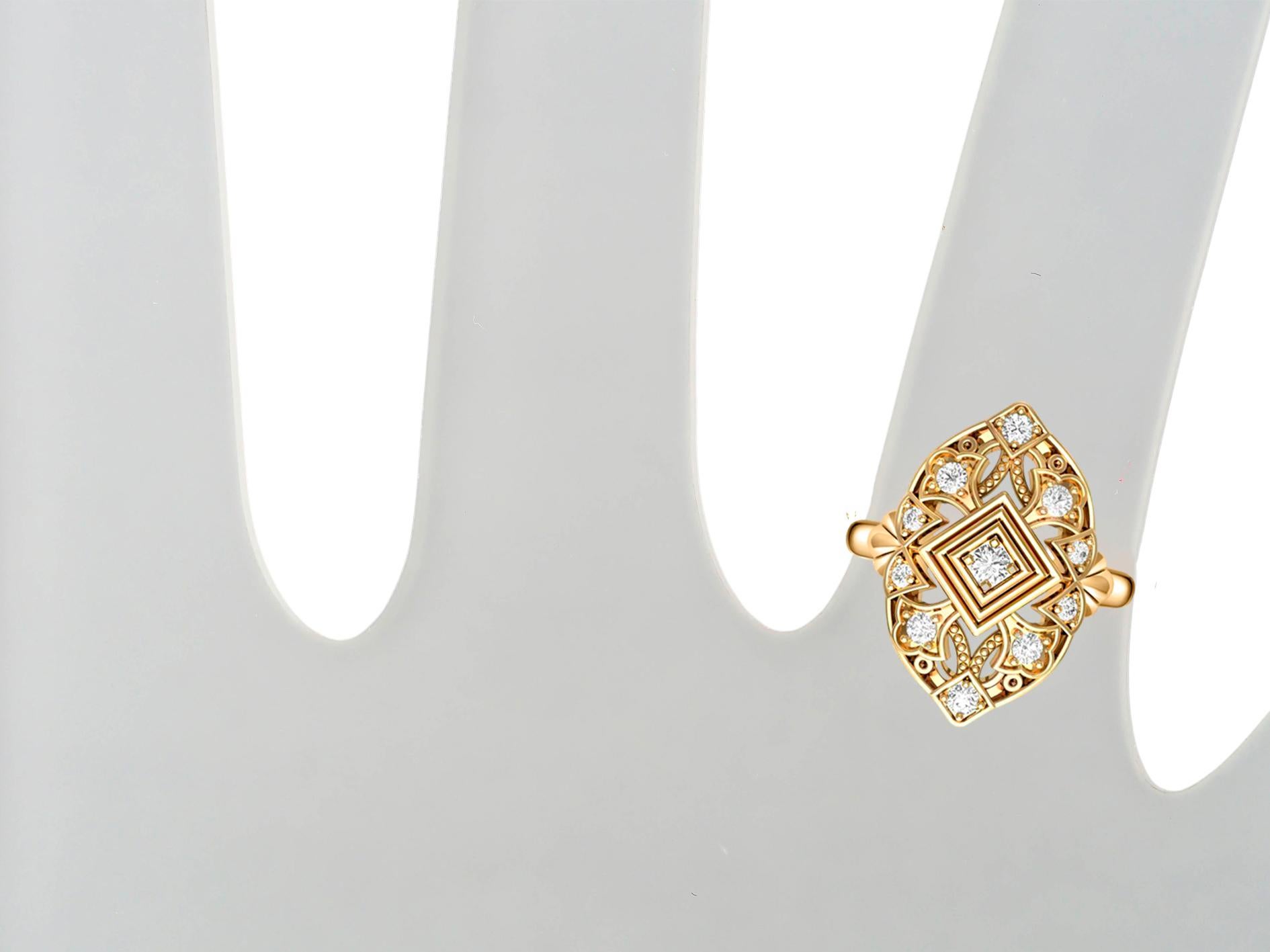 Modern Vintage style moissanite 14k gold ring. For Sale