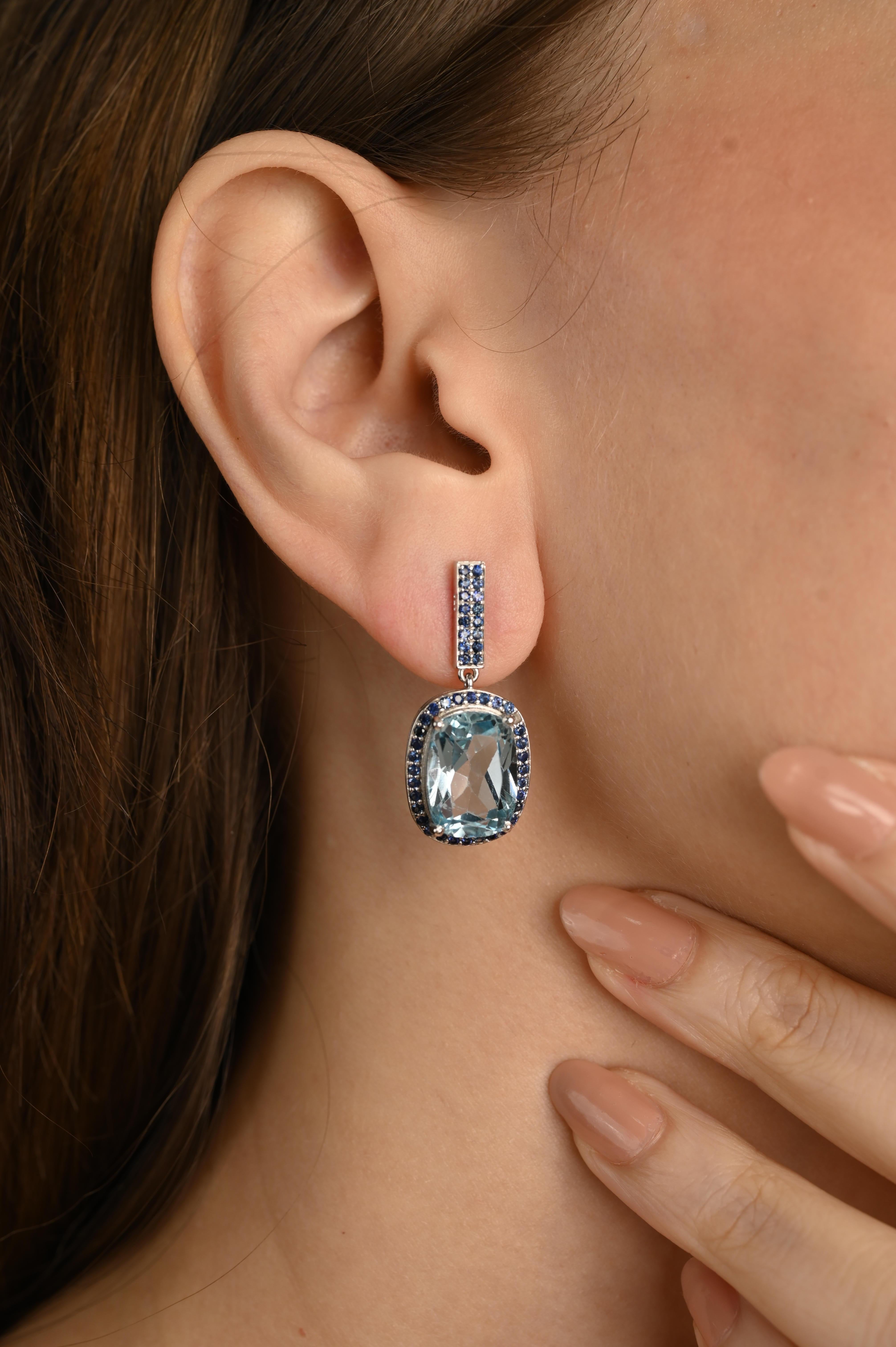 Pendientes de gota de topacio azul natural y zafiro estilo vintage en plata de ley Corte cojín en venta