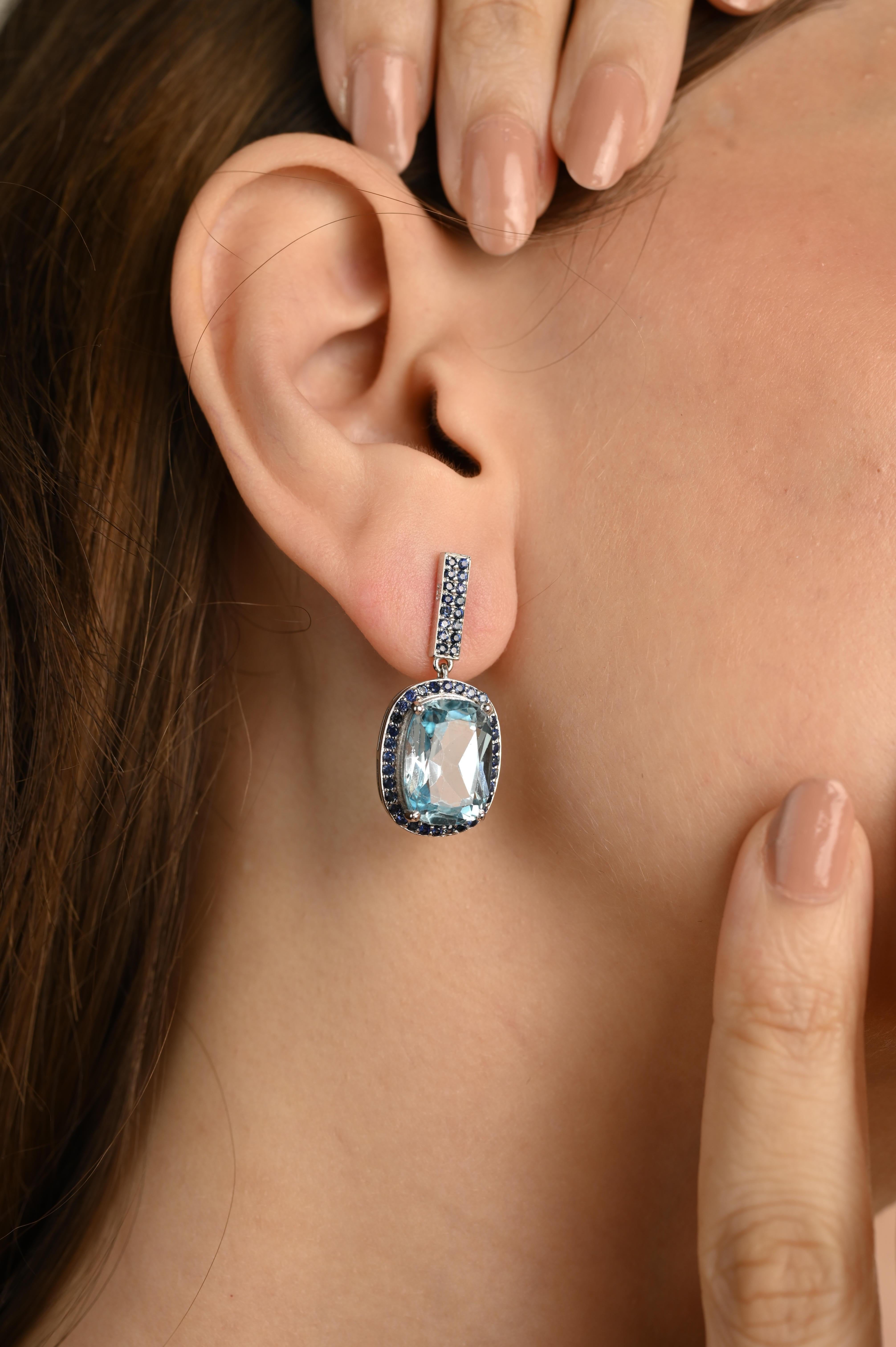 De las mujeres Pendientes de gota de topacio azul natural y zafiro estilo vintage en plata de ley en venta