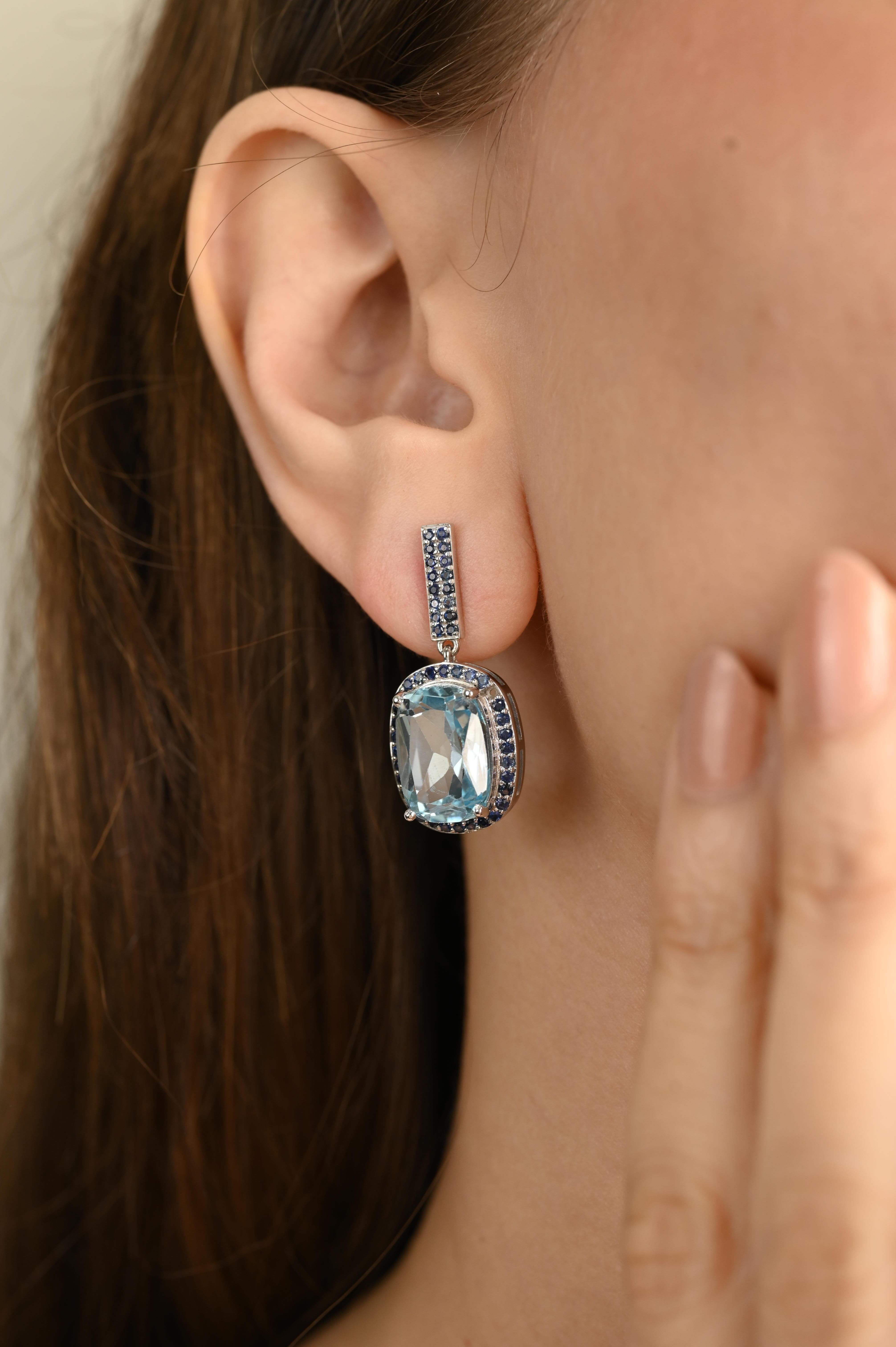 Pendientes de gota de topacio azul natural y zafiro estilo vintage en plata de ley en venta 2