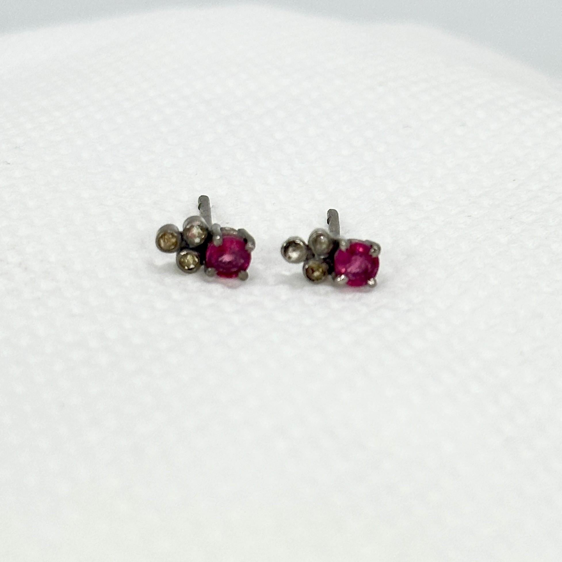 High Victorian Vintage style natural burma Ruby champagne rose cut Diamond silver Stud Earrings For Sale