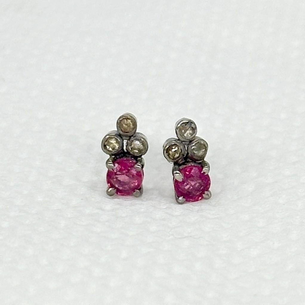 Ohrstecker im Vintage-Stil, natürlicher burma-Rubin champagner-Rosenschliff Diamant Silber im Angebot 1