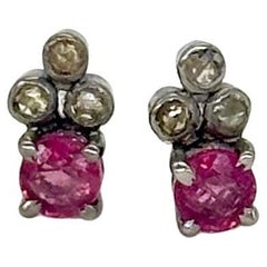 Ohrstecker im Vintage-Stil, natürlicher burma-Rubin champagner-Rosenschliff Diamant Silber
