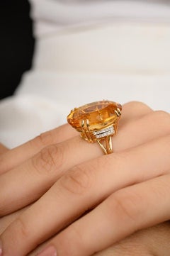Vintage Style Natural Citrine & Diamond Cocktail Ring Gift in 14k Yellow Gold