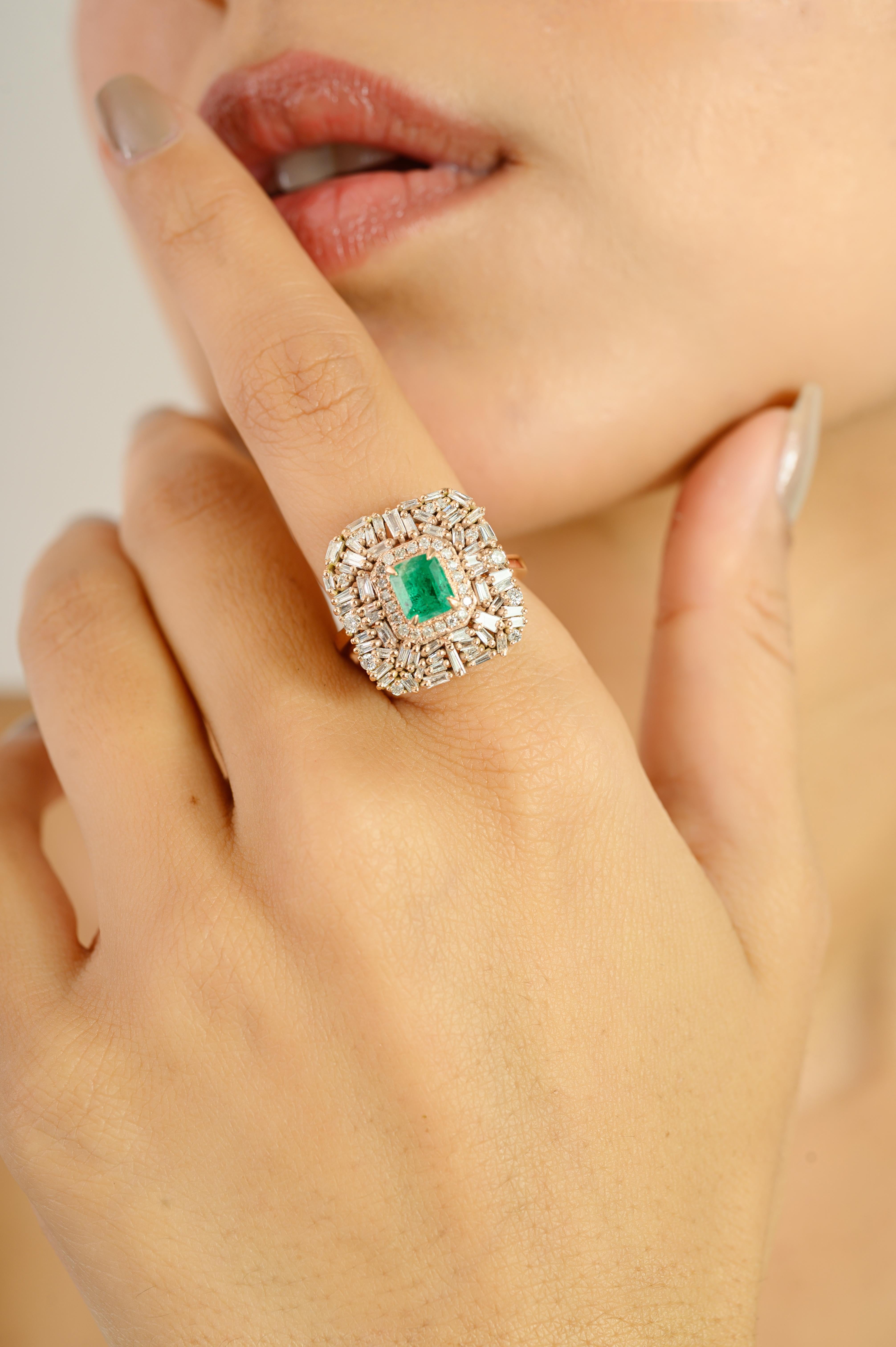 Im Angebot: Vintage Style natürlichen Smaragd & Diamant-Cocktail-Ring in 14k massivem Rose Gold () 4