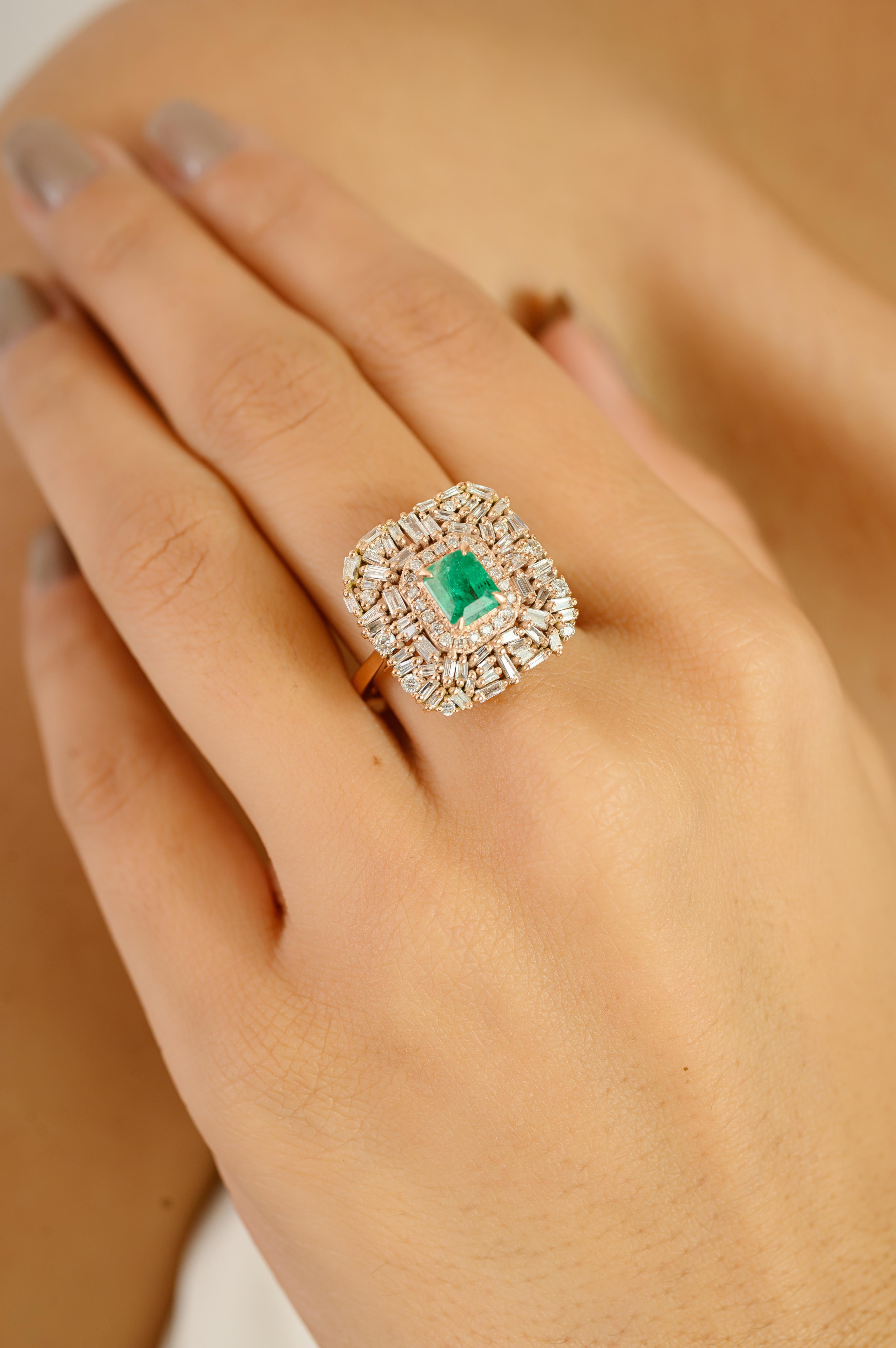 Im Angebot: Vintage Style natürlichen Smaragd & Diamant-Cocktail-Ring in 14k massivem Rose Gold () 6