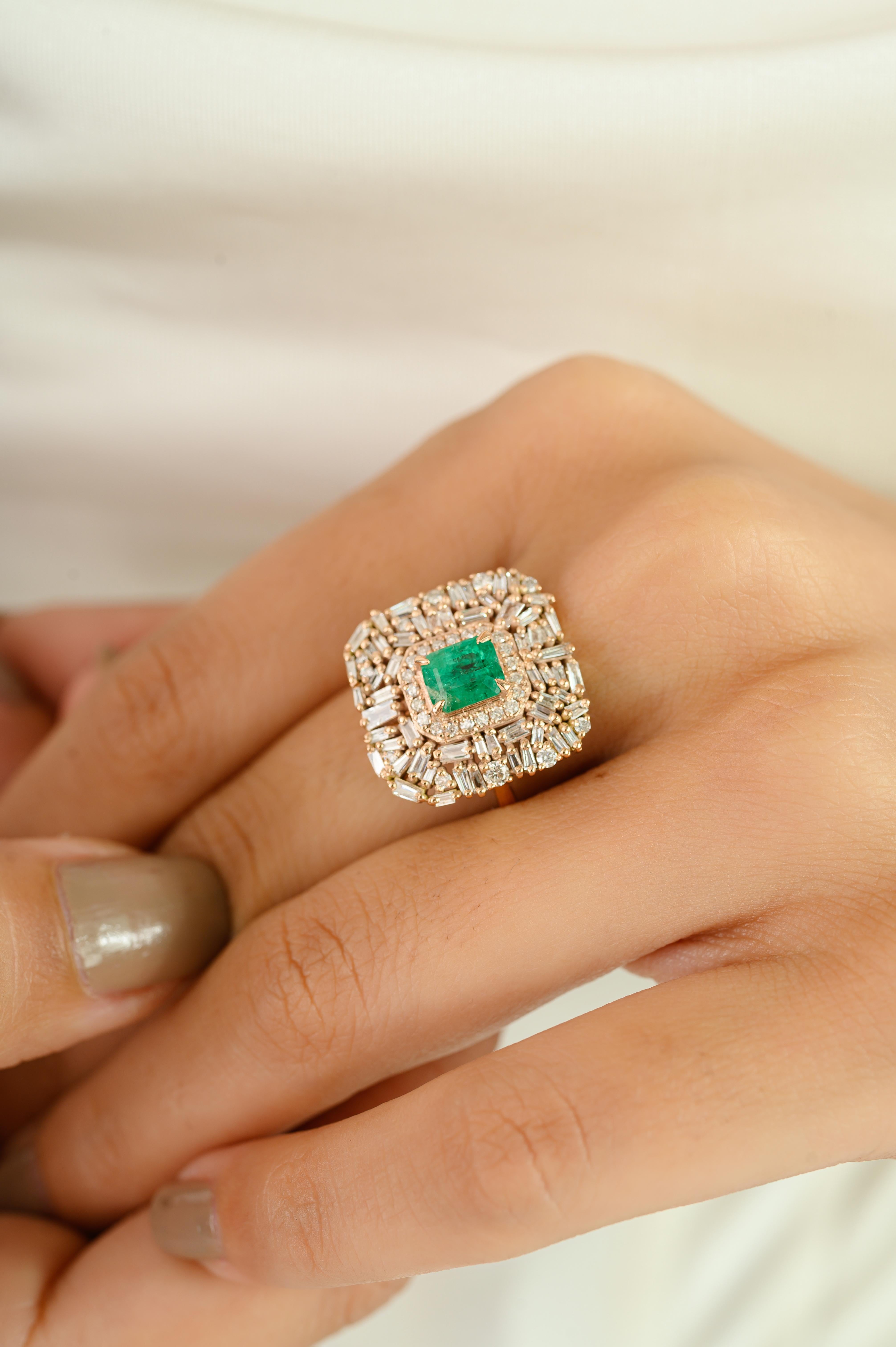 Im Angebot: Vintage Style natürlichen Smaragd & Diamant-Cocktail-Ring in 14k massivem Rose Gold () 8