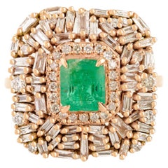 Vintage Style Natural Emerald & Diamond Cocktail Ring in 14k Solid Rose Gold